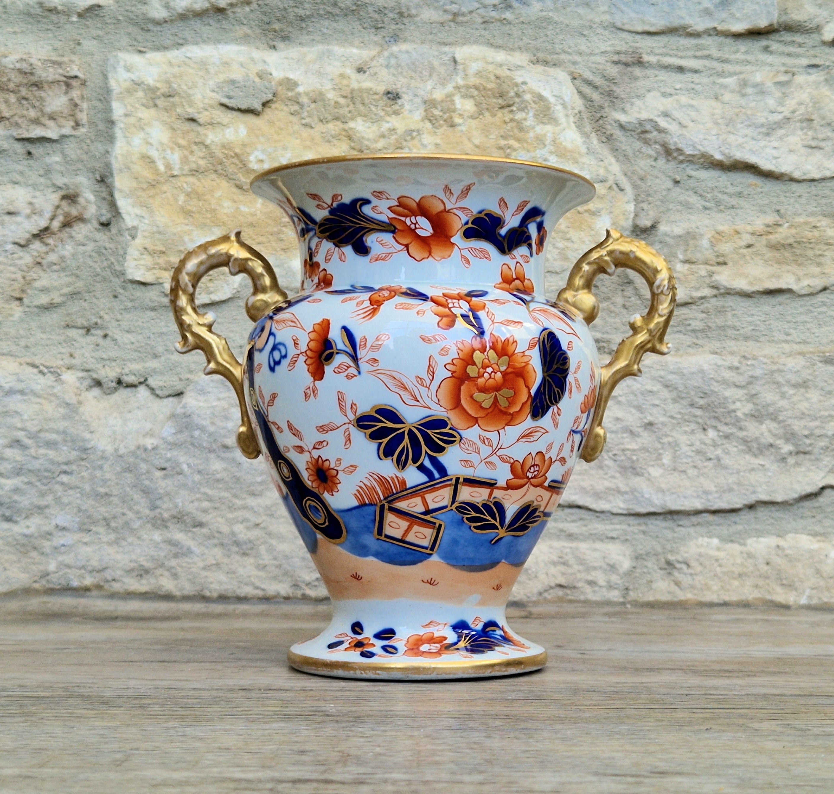Early Mason's Ironstone China Vase Japan Fence Pattern, Gilt Handles 1820
