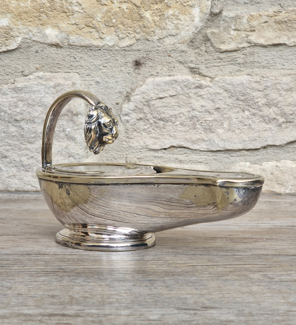 Antique Victorian Silver Plated Spoon Warmer Brass Oil Lamp Style Lion Mask Handle