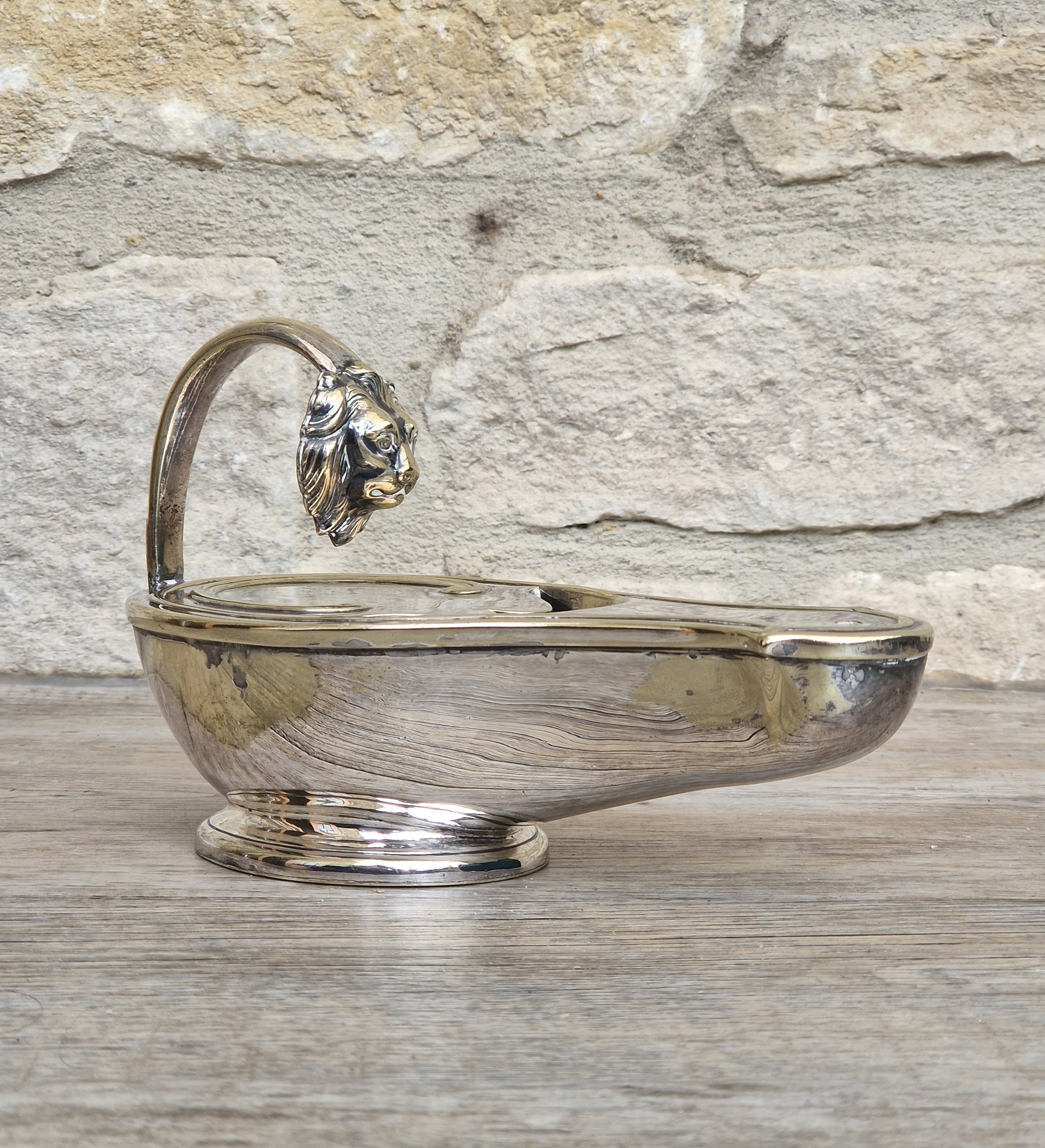 Antique Victorian Silver Plated Spoon Warmer Brass Oil Lamp Style Lion Mask Handle