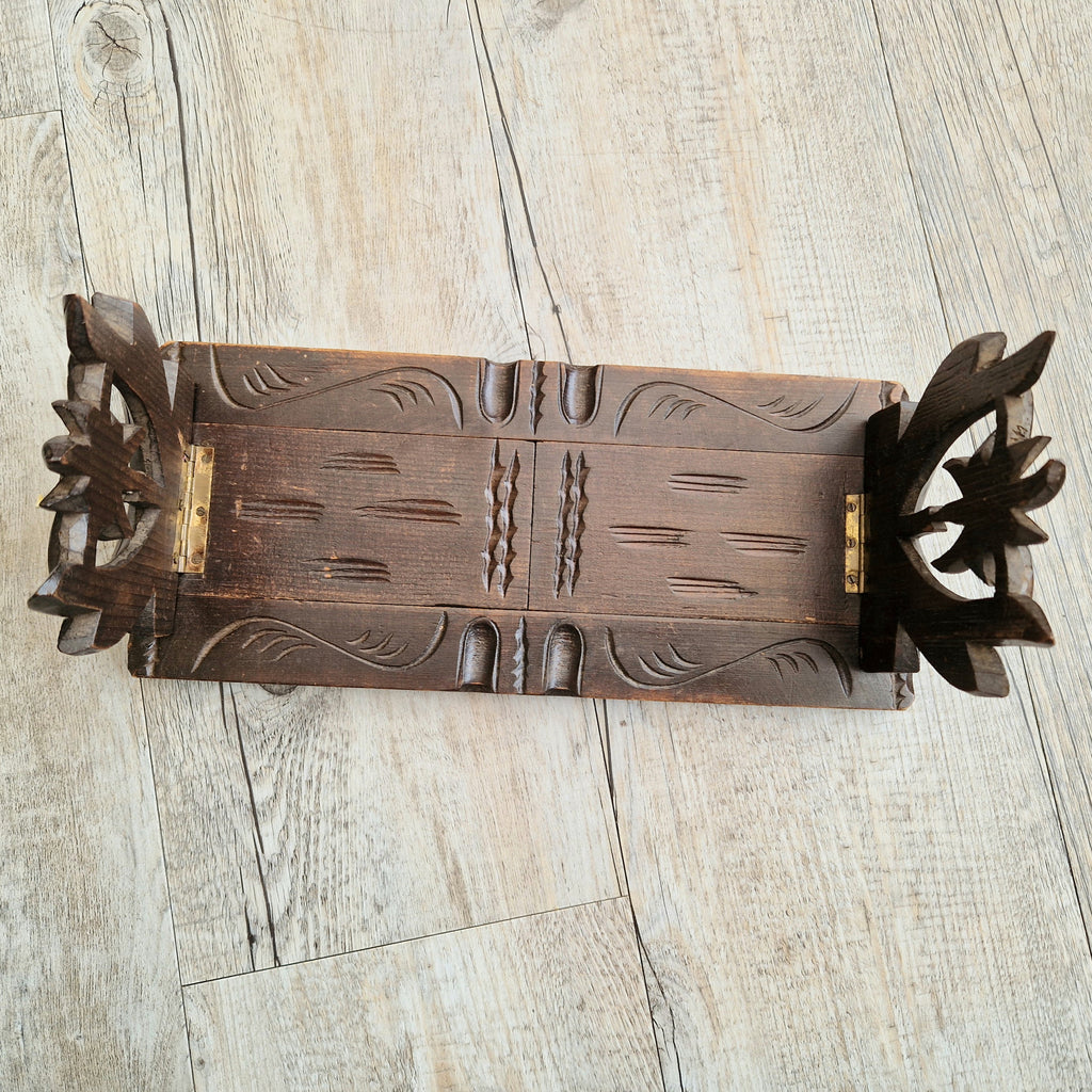 Antique Black Forest Carved Bookslide Continental Fruitwood Extending Book Shelf Rest c.1910