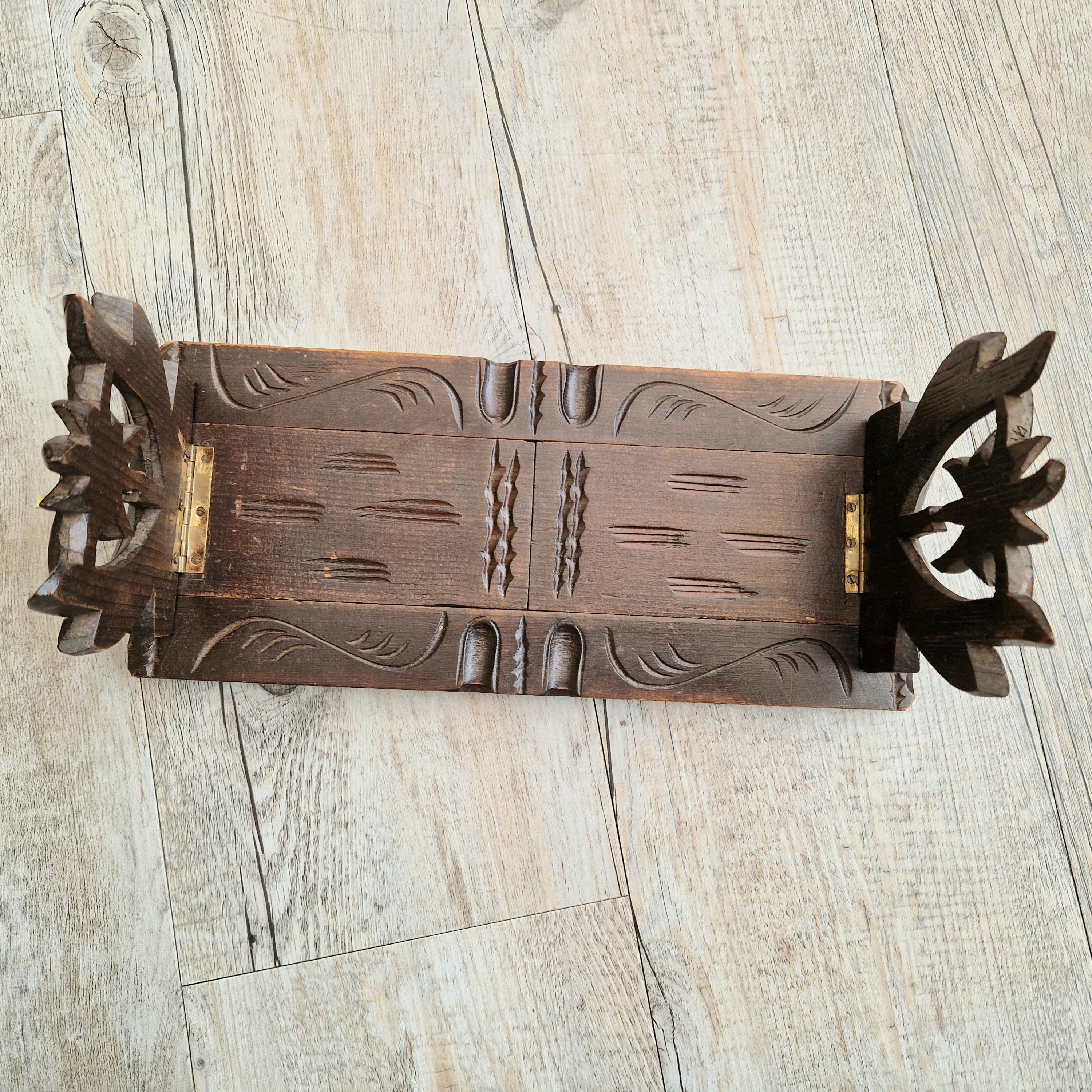 Antique Black Forest Carved Bookslide Continental Fruitwood Extending Book Shelf Rest c.1910