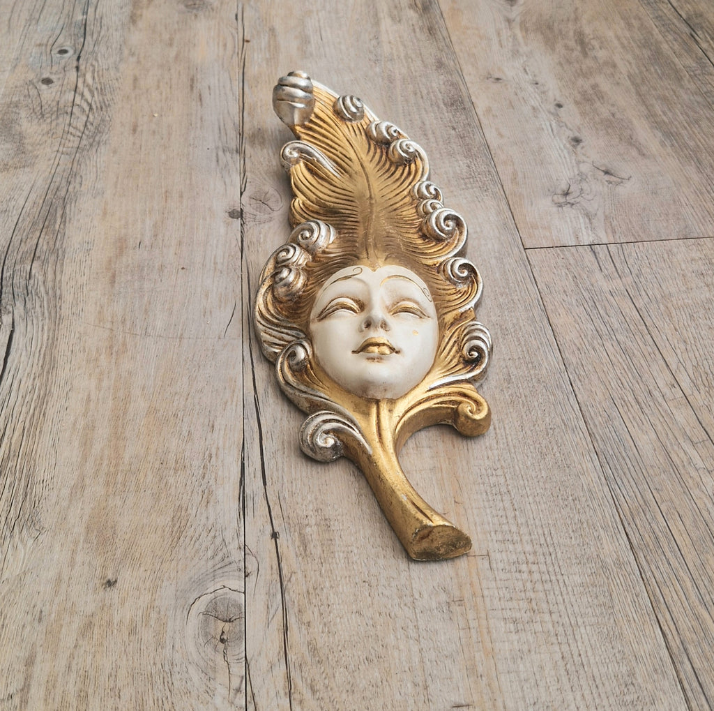 Vintage Venetian Wall Mask Feather Leaf Ceramic Gold Silver Made Italy 38cm Long
