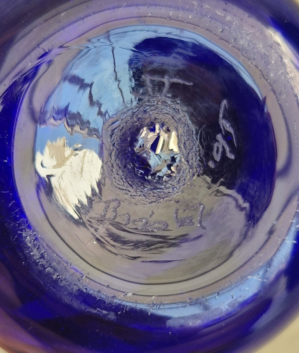 Signed Bristol Blue Glass Hollow Friendship Ball 6.5cm Handmade Vintage British Studio Art Orb