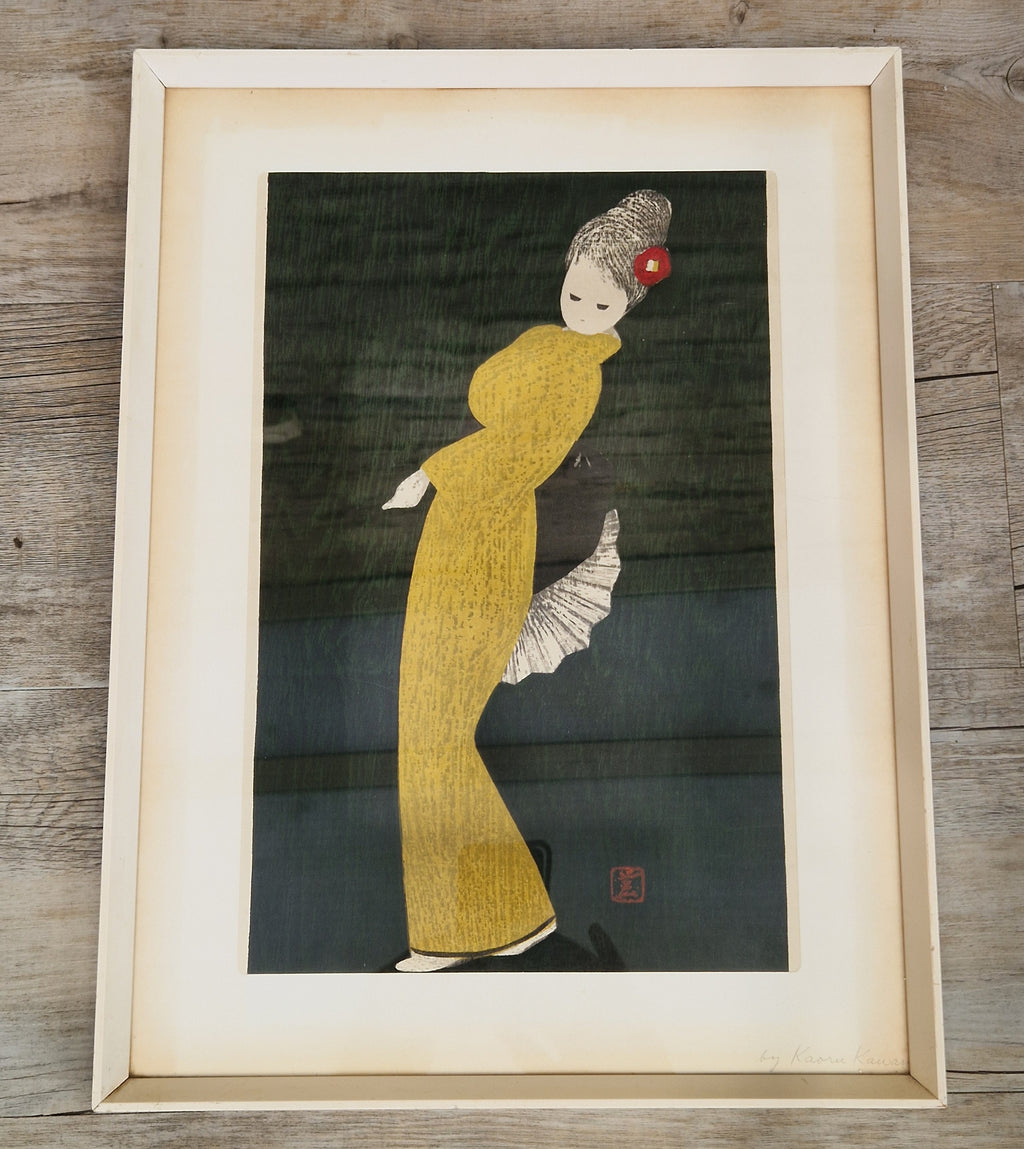 Vintage Kaoru Kawano Large Japanese Woodblock Print Camellia Yellow Kimono Mid-Century Framed