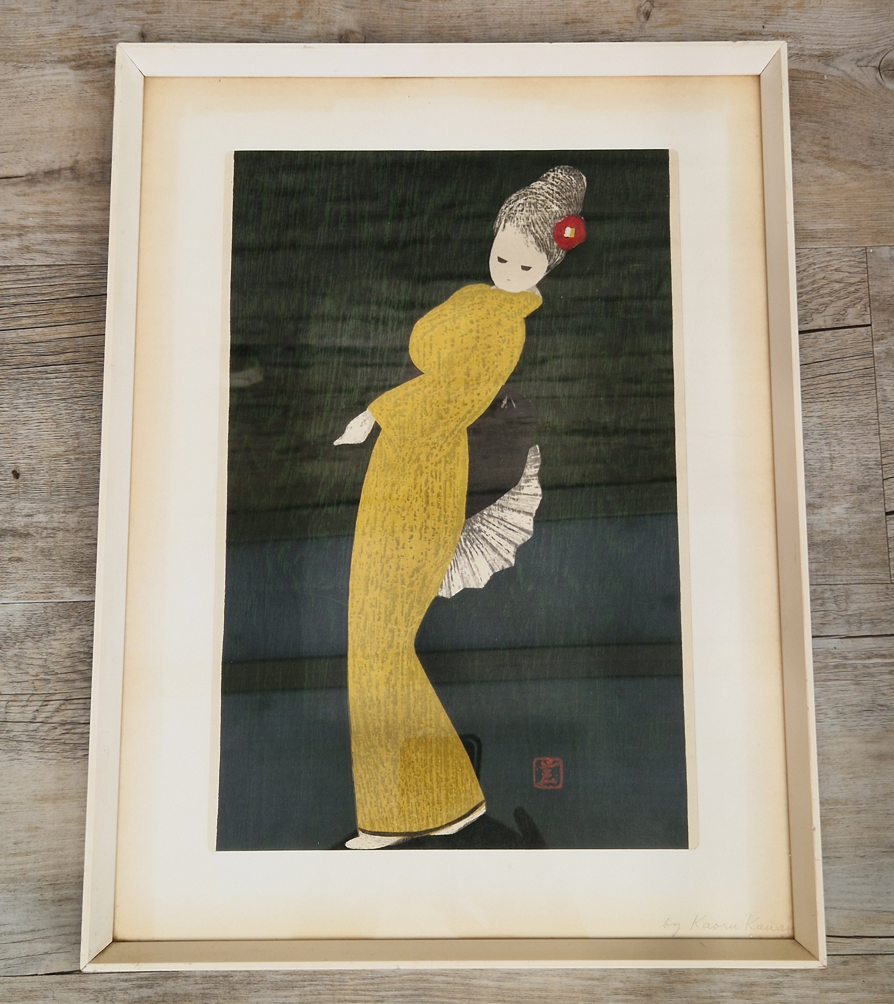 Vintage Kaoru Kawano Large Japanese Woodblock Print Camellia Yellow Kimono Mid-Century Framed