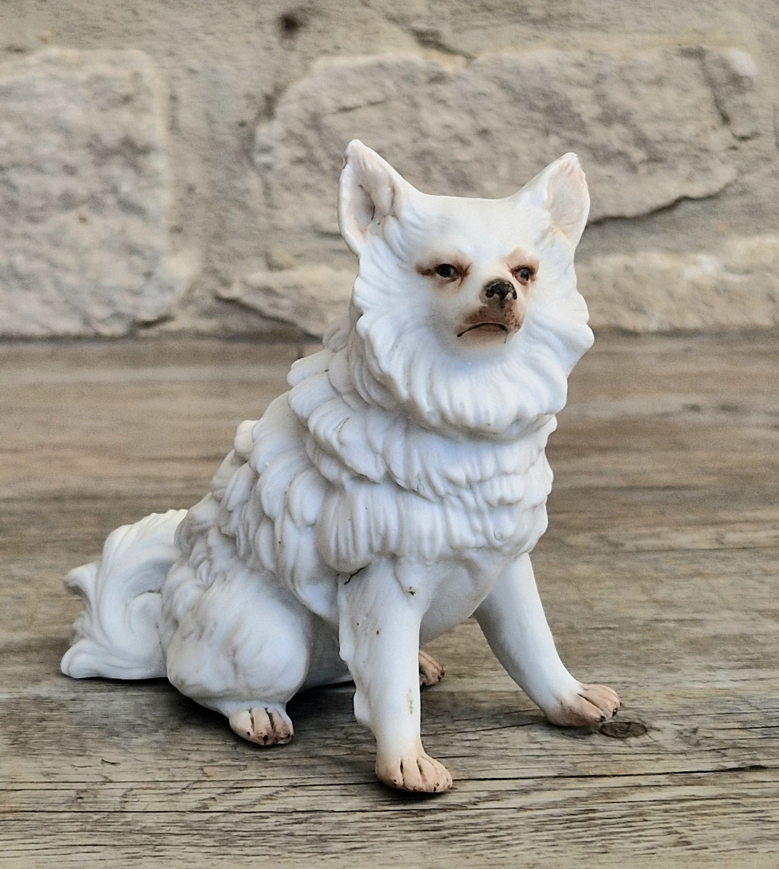 Antique Heubach Bisque Sitting Spitz Dog: German Figure, Circa 1864-1880