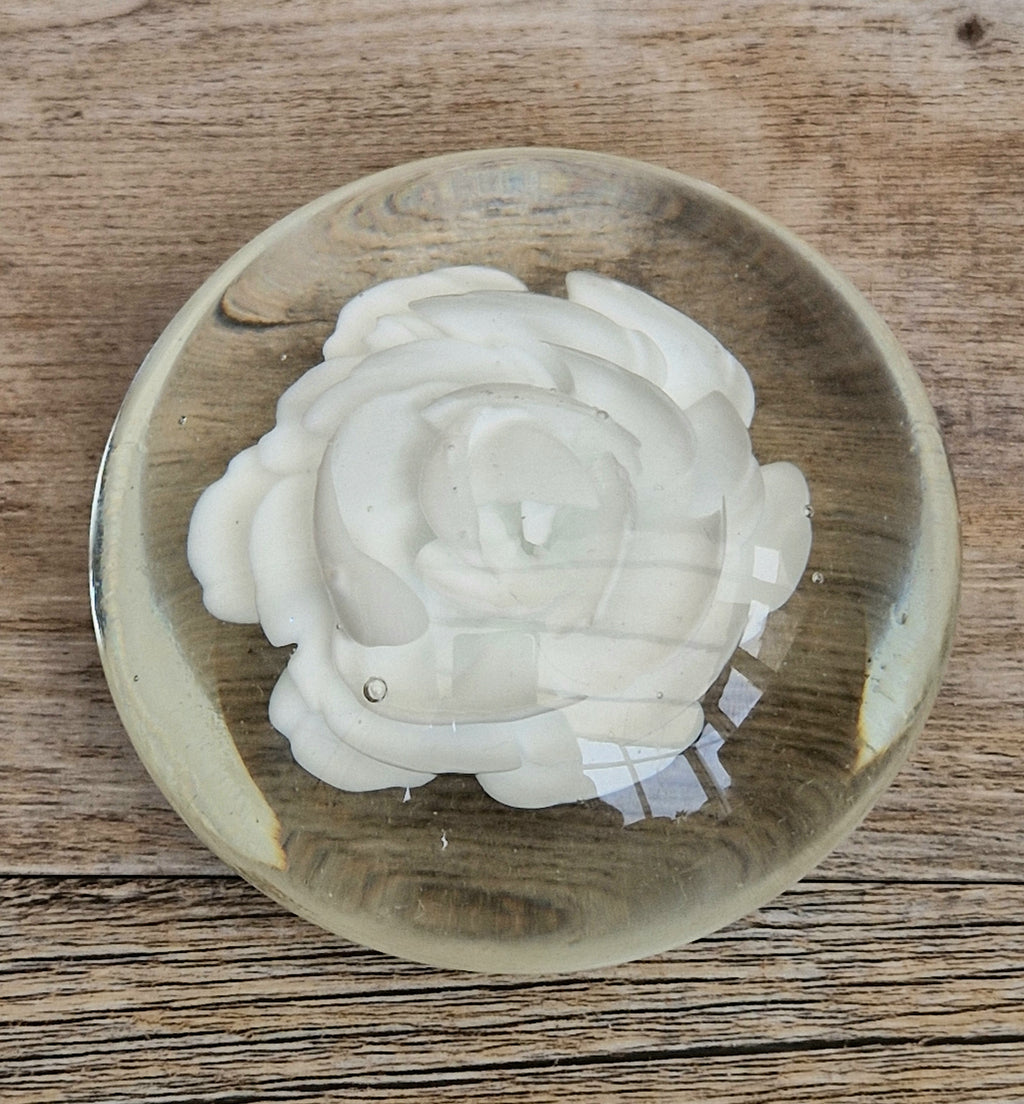 Vintage White Rose Lenticular Glass Paperweight