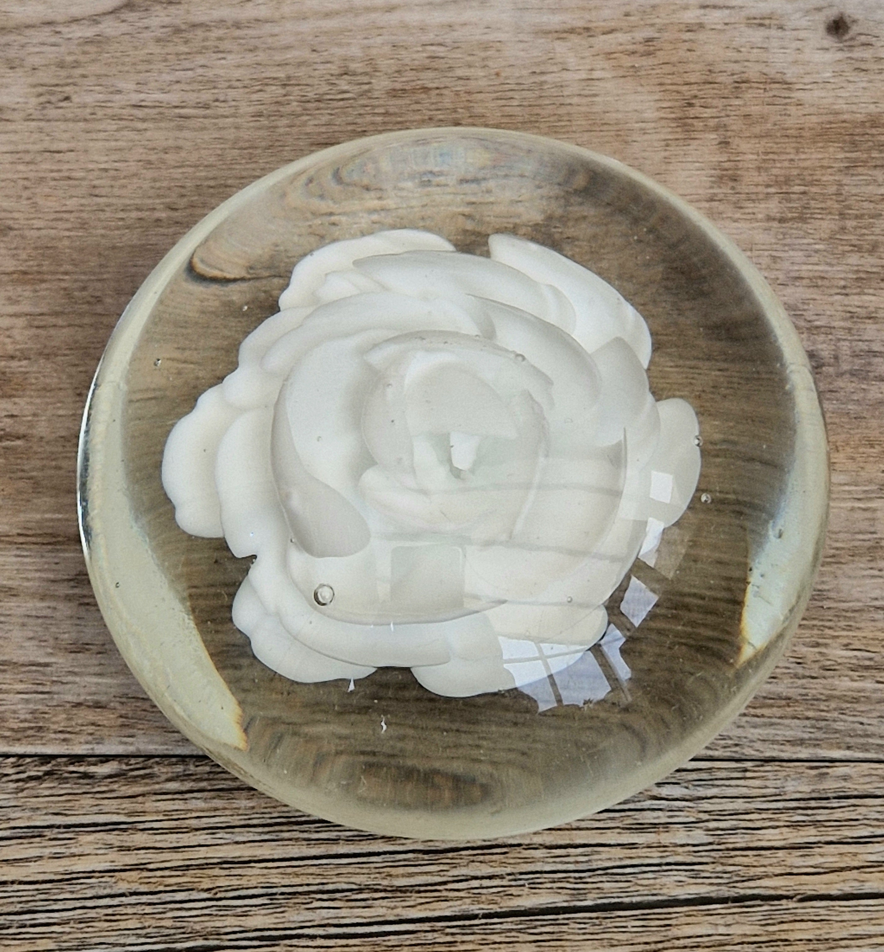 Vintage White Rose Lenticular Glass Paperweight