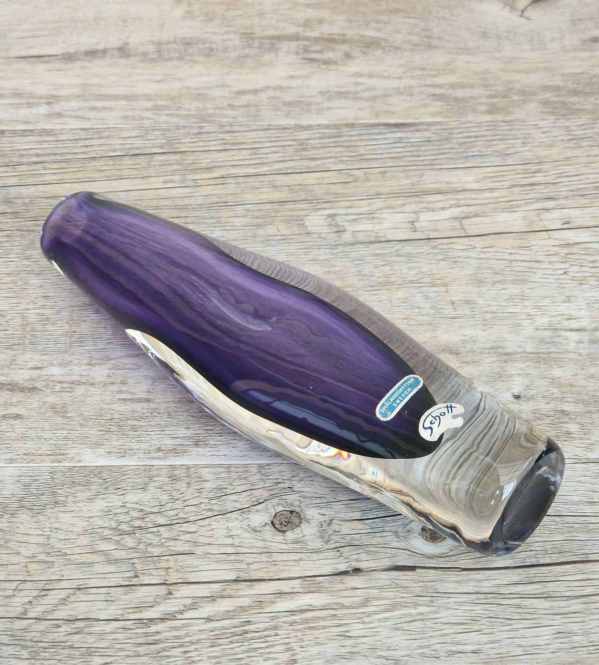 Vintage Smålandshyttan Sweden Amethyst Glass Vase Josef Schott Double Label Mid Century 20cm