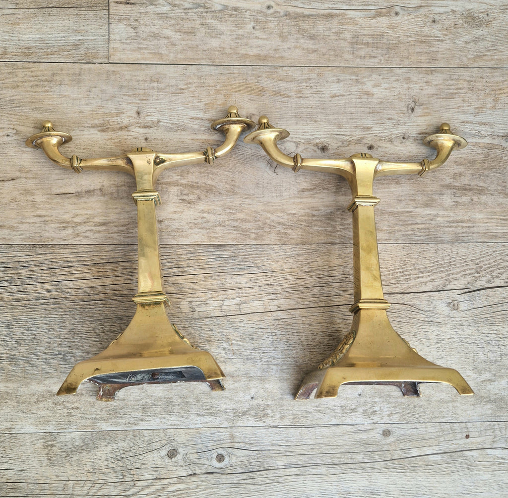 Louis XVI Revival Cast Brass Andirons Fire Dogs Wreath Relief Decoration Pair (c.1870–1900)