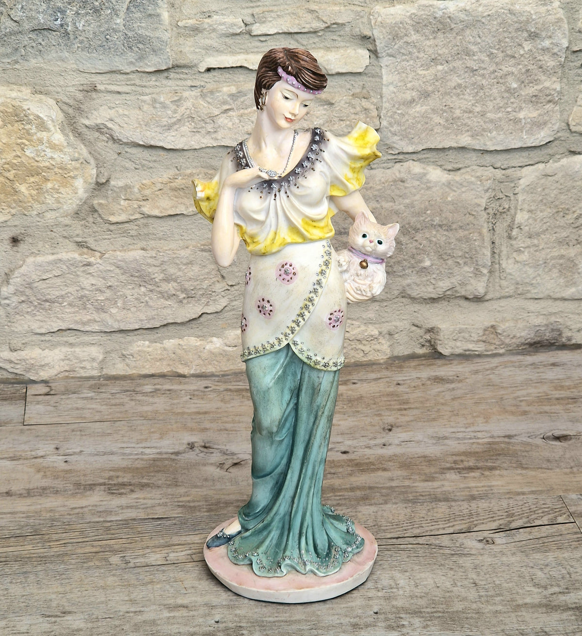 Vintage 14” Art Deco Style Resin Lady Figurine with Cat, Elegance Statue Angelica Collection, 1.46kg Heavy Mantle Sculpture 36cm
