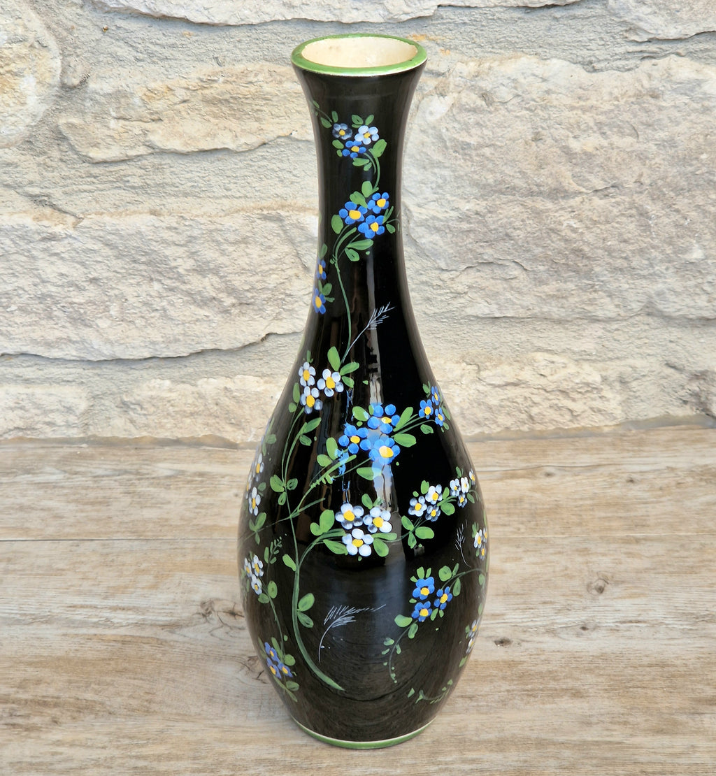 Marmaca San Marino Vase Art Ceramic Black Floral Amphora Tall Bottle Vase 1950's