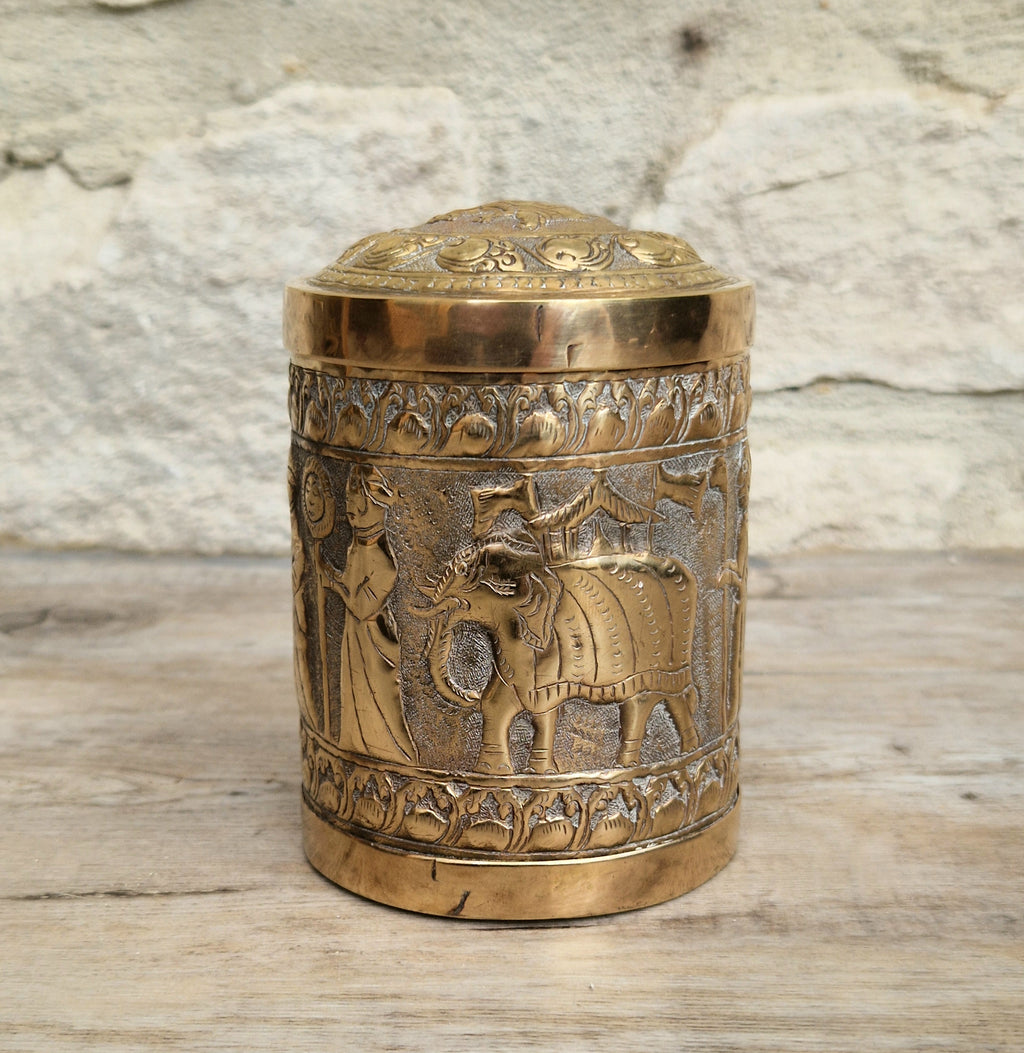 19th Century Brass Rapousse Betel Nut Lidded Decorative Canister
