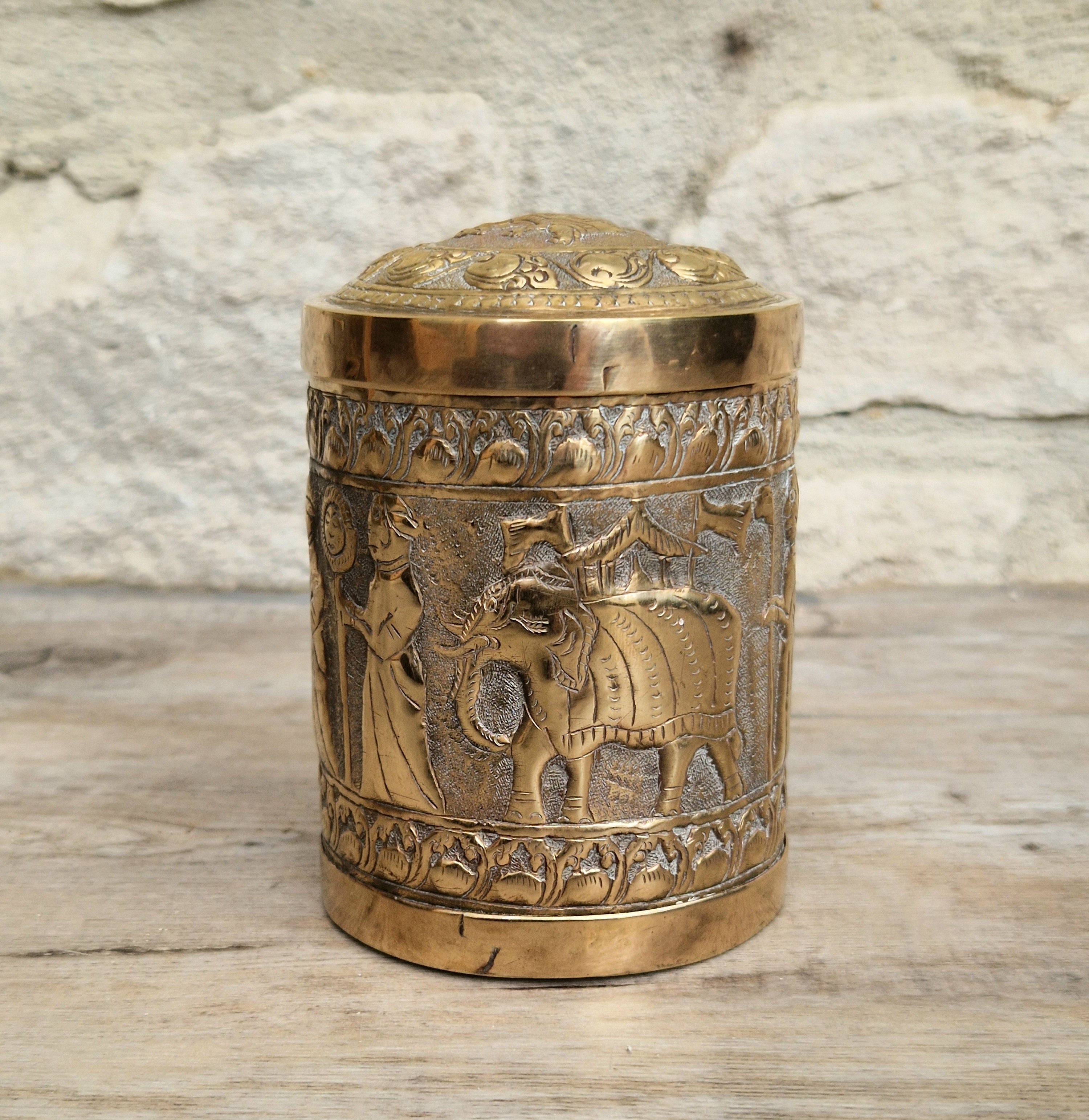 19th Century Brass Rapousse Betel Nut Lidded Decorative Canister