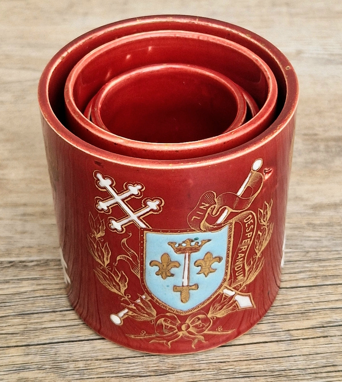 Rare Antique French Lunéville Ceramic Nesting Beakers, Keller & Guérin, Lorraine Heraldry, Nil Desperandum, c.1890 Set