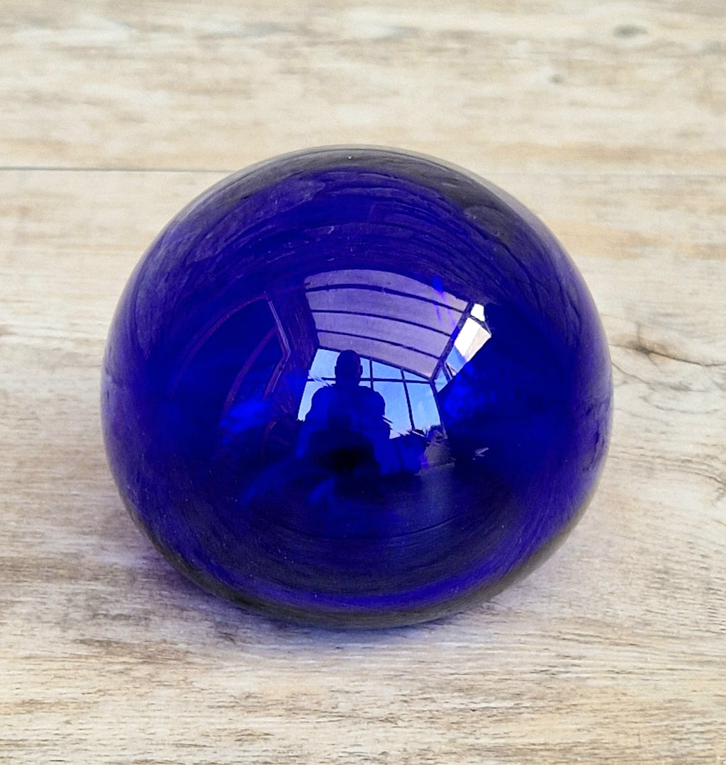 Signed Bristol Blue Glass Hollow Friendship Ball 6.5cm Handmade Vintage British Studio Art Orb