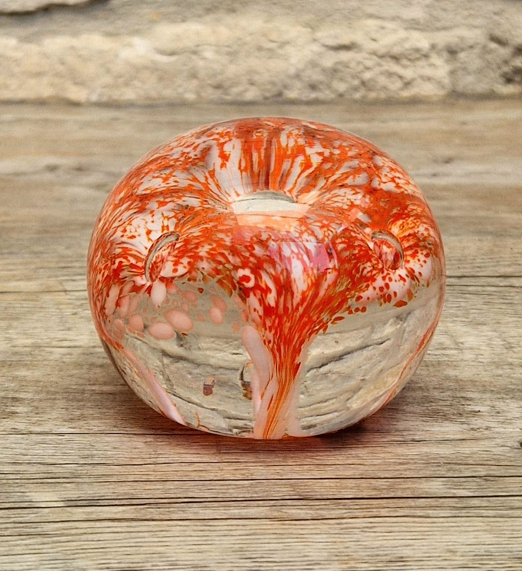 Vintage Rare Liskeard Glass Cornwall Orange & White Bubble Sphere Paperweight 1975