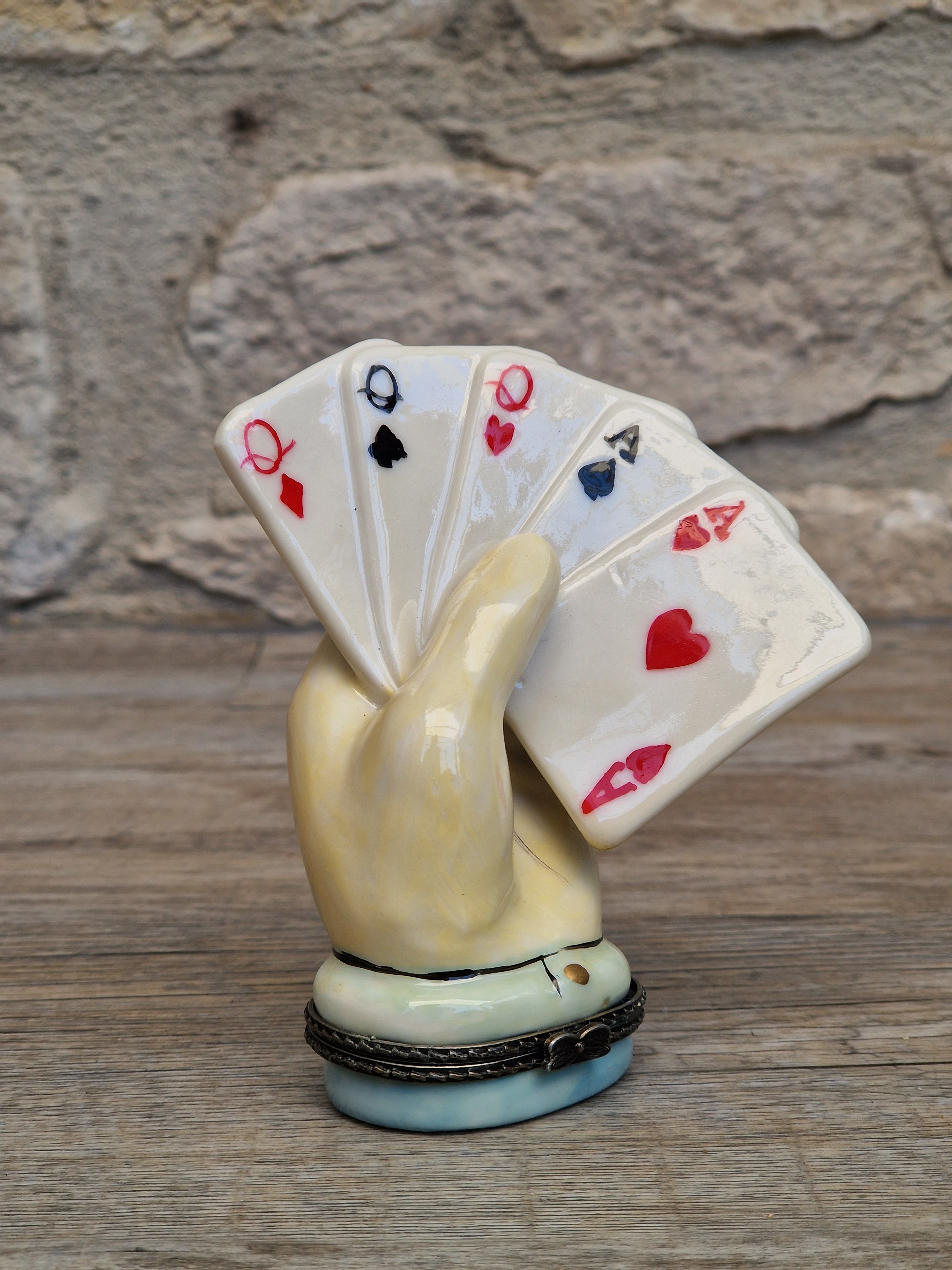 Vintage Rare Limoges Ceramic Poker Hand Full House Card Trinket Pill Box Casino