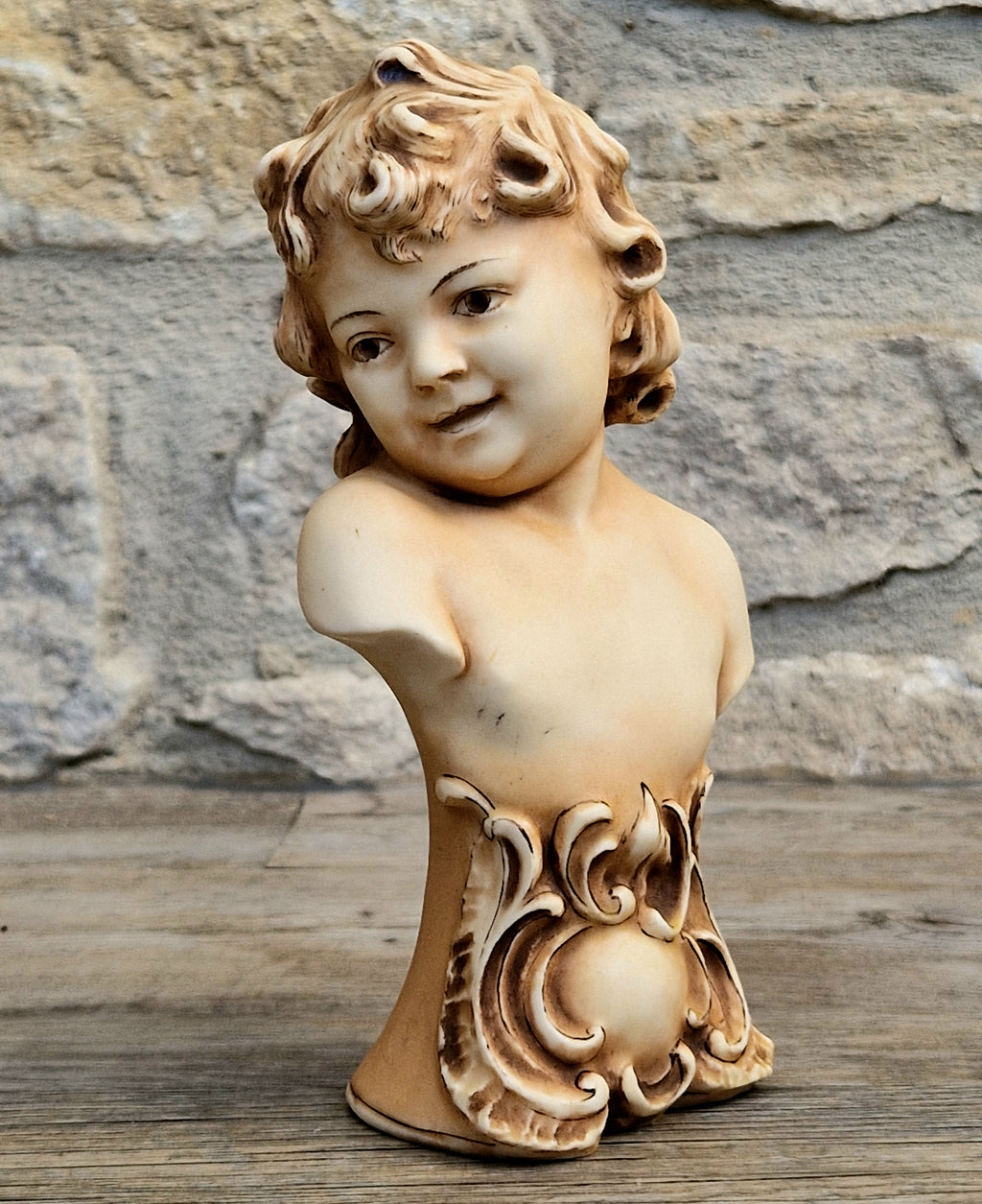 Antique NeoClassical Continental Patinated Bisque Porcelain Putti Child Bust Figure Ornament