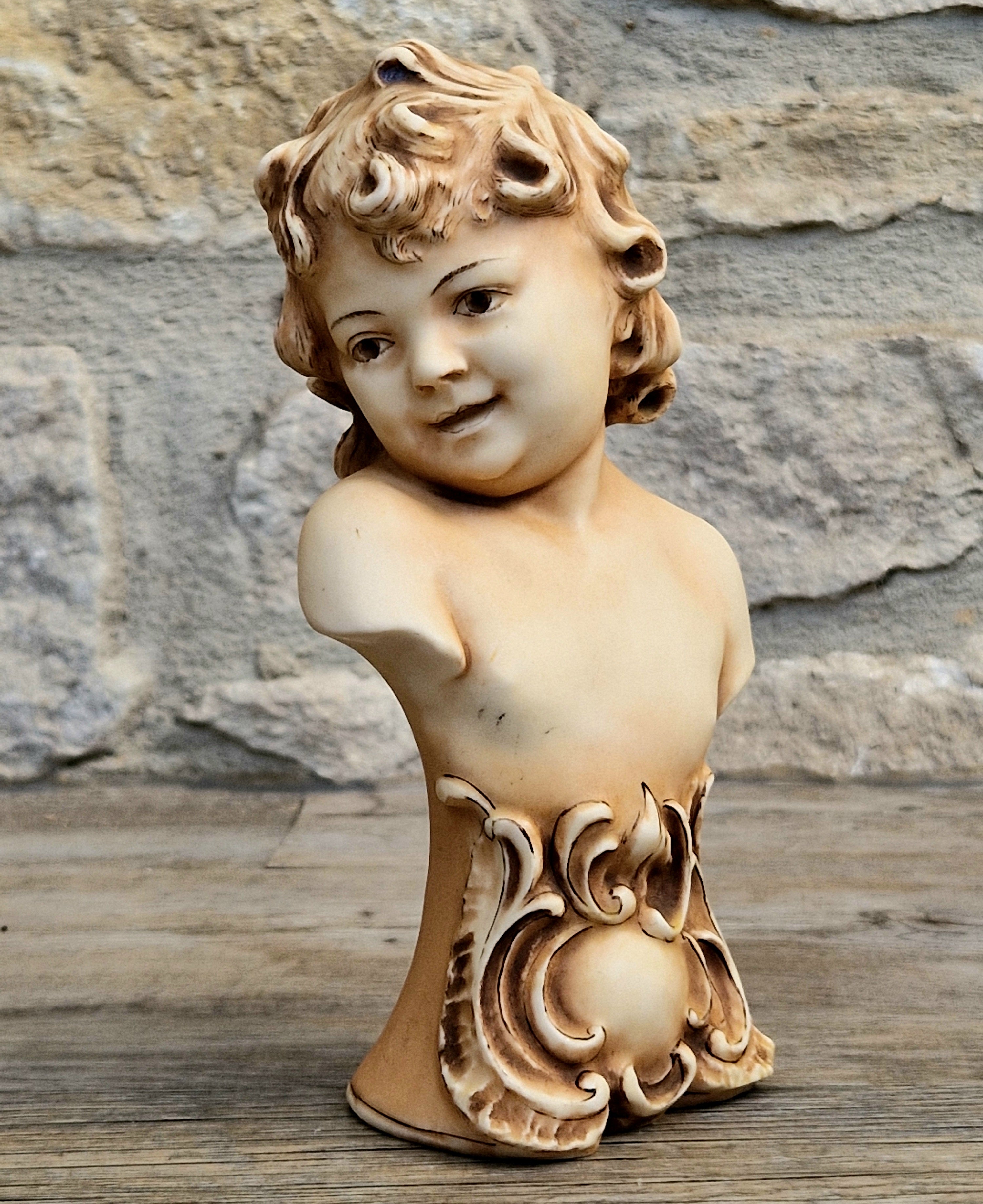 Antique NeoClassical Continental Patinated Bisque Porcelain Putti Child Bust Figure Ornament