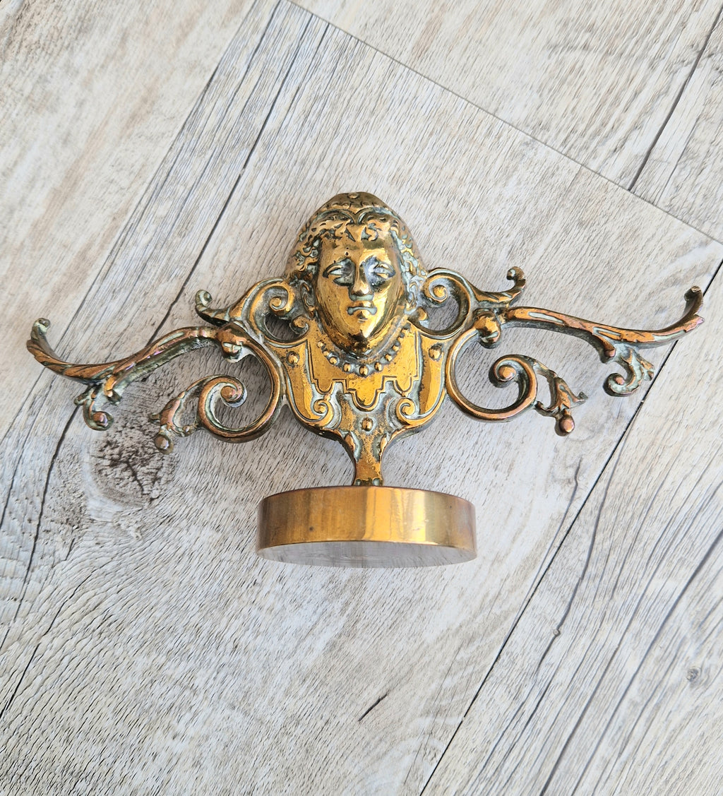 Brass Neo Classical Female Figural Pediment Mounted On Heavy Antique Paperweight