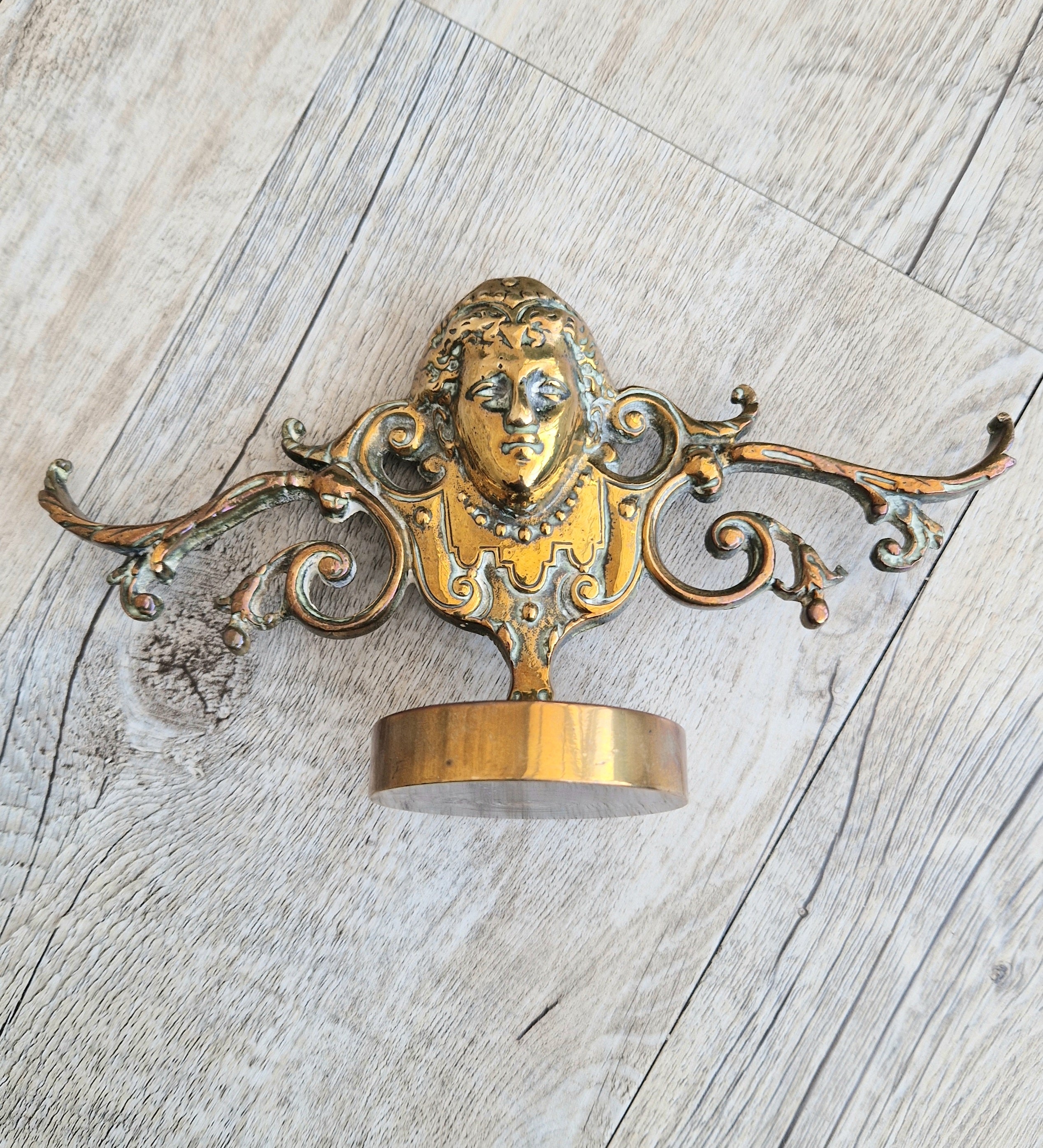 Brass Neo Classical Female Figural Pediment Mounted On Heavy Antique Paperweight