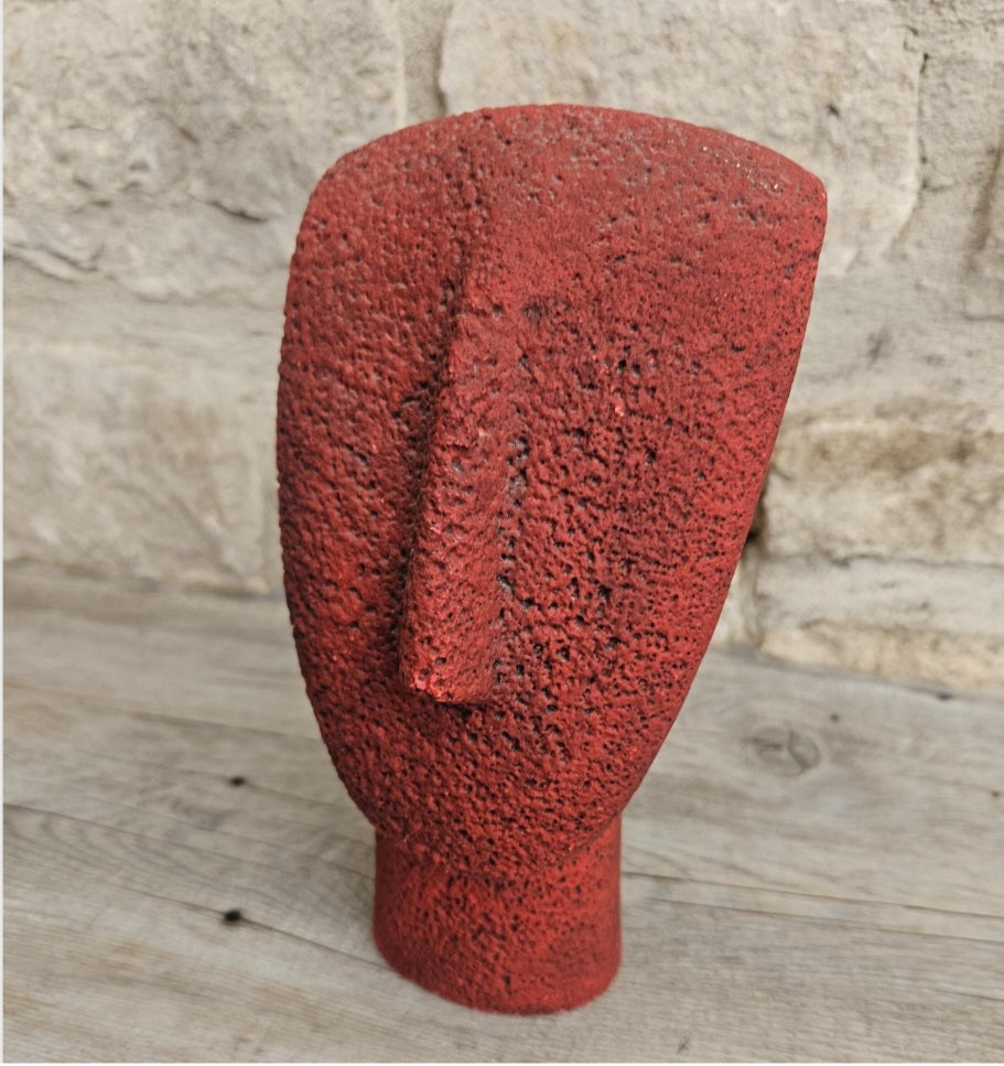 Vintage Red Cycladic Head Sculpture Minimalist Pop Art Textured Resin 18.5cm Tall