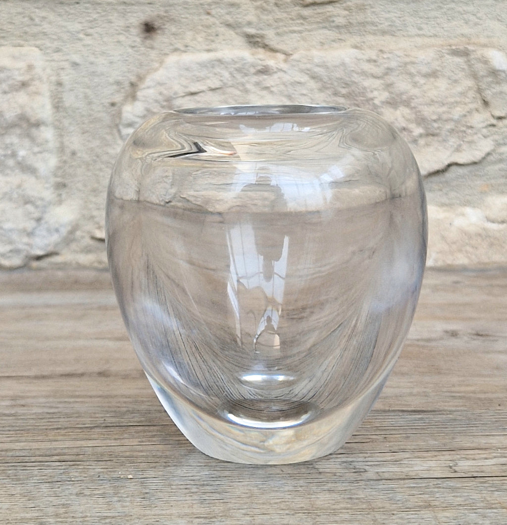Heavy Mid-Century Clear Hand-Blown Art Glass Ovoid Vase With Polished Frosted Ring Base