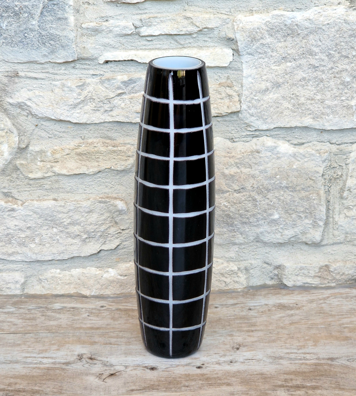 Mid-Century Modern Black & White Cased Cameo Art Glass Tall Geometric Grid Vase