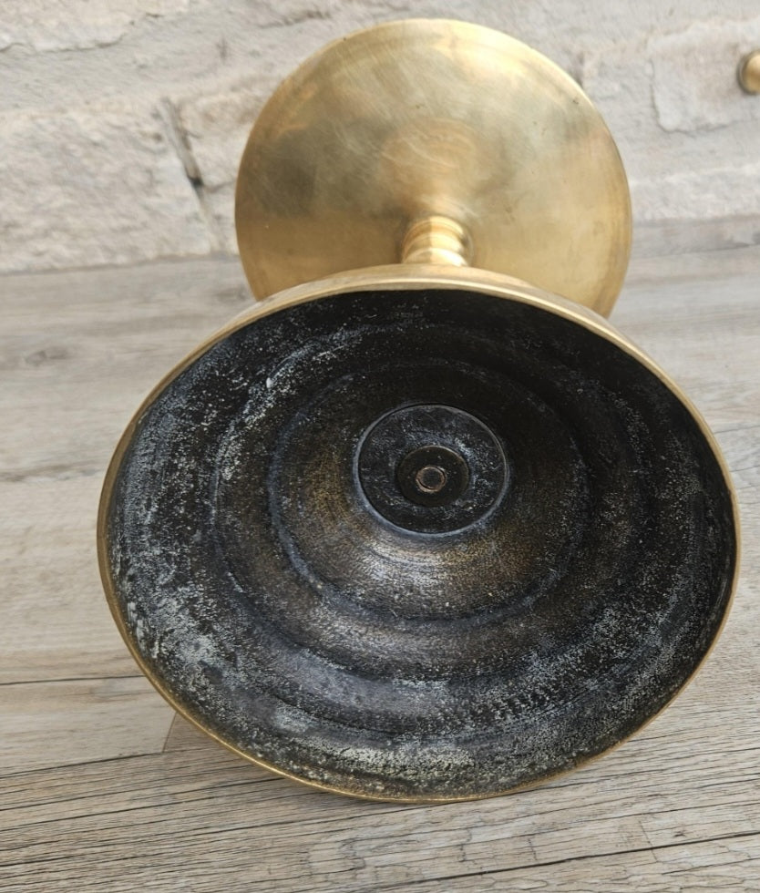 Vintage Large Brass Pedestal Pillar Candle Holder Stand 24cm Tall Church Candle holder.With Patina