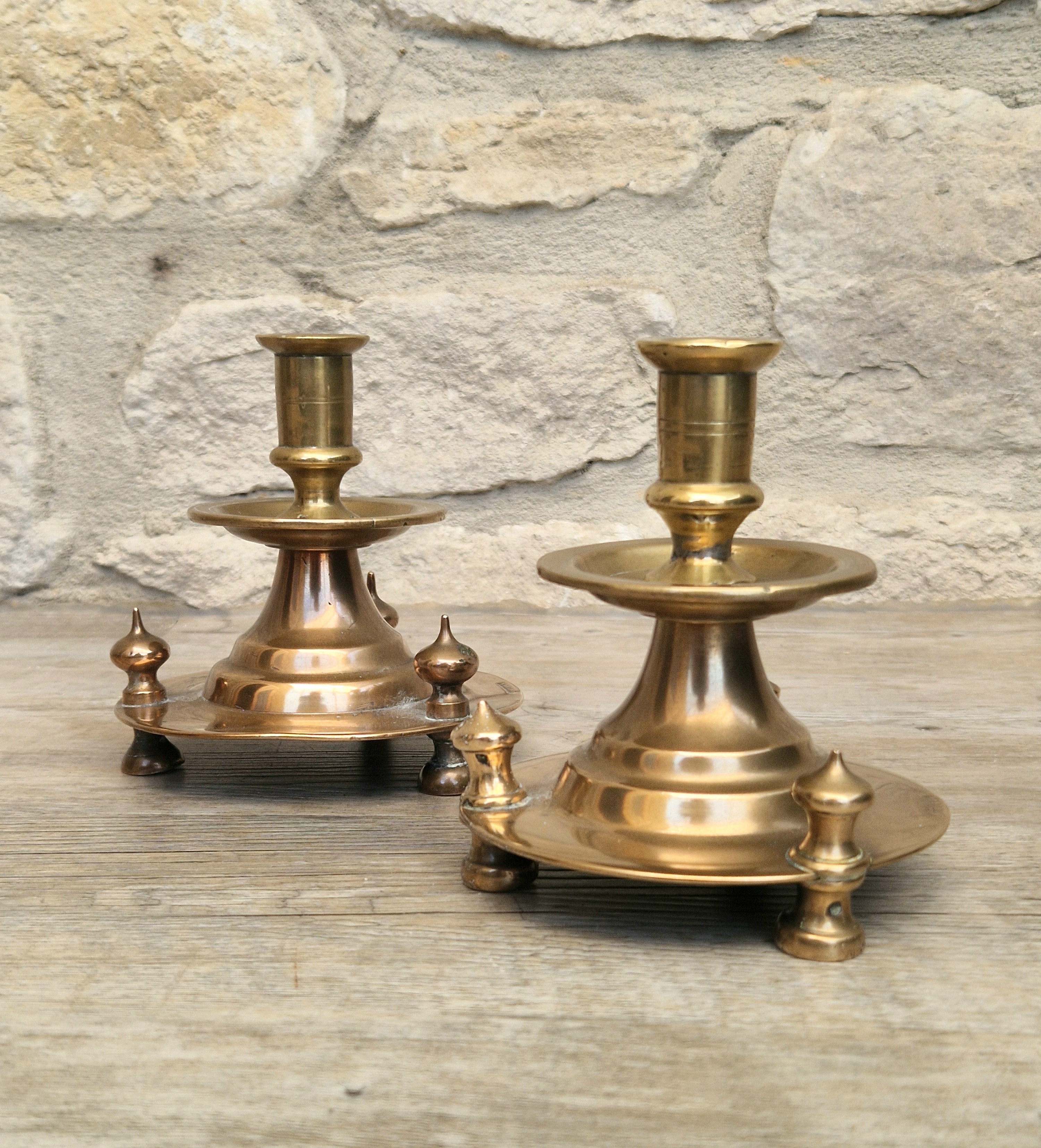 Pair of 19th Century Judin Signed Czarist Era Russian Bronzed Sabbath Bun Footed Capstan Candle Holders.