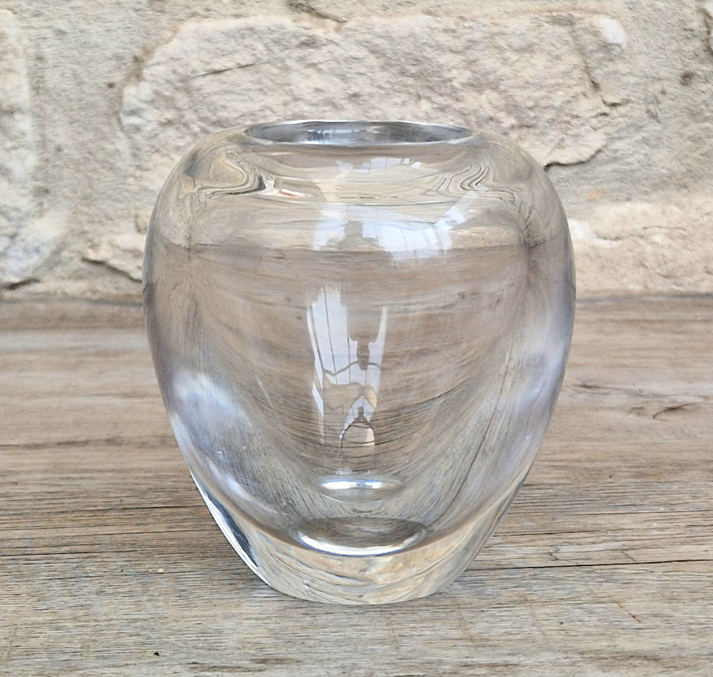 Heavy Mid-Century Clear Hand-Blown Art Glass Ovoid Vase With Polished Frosted Ring Base