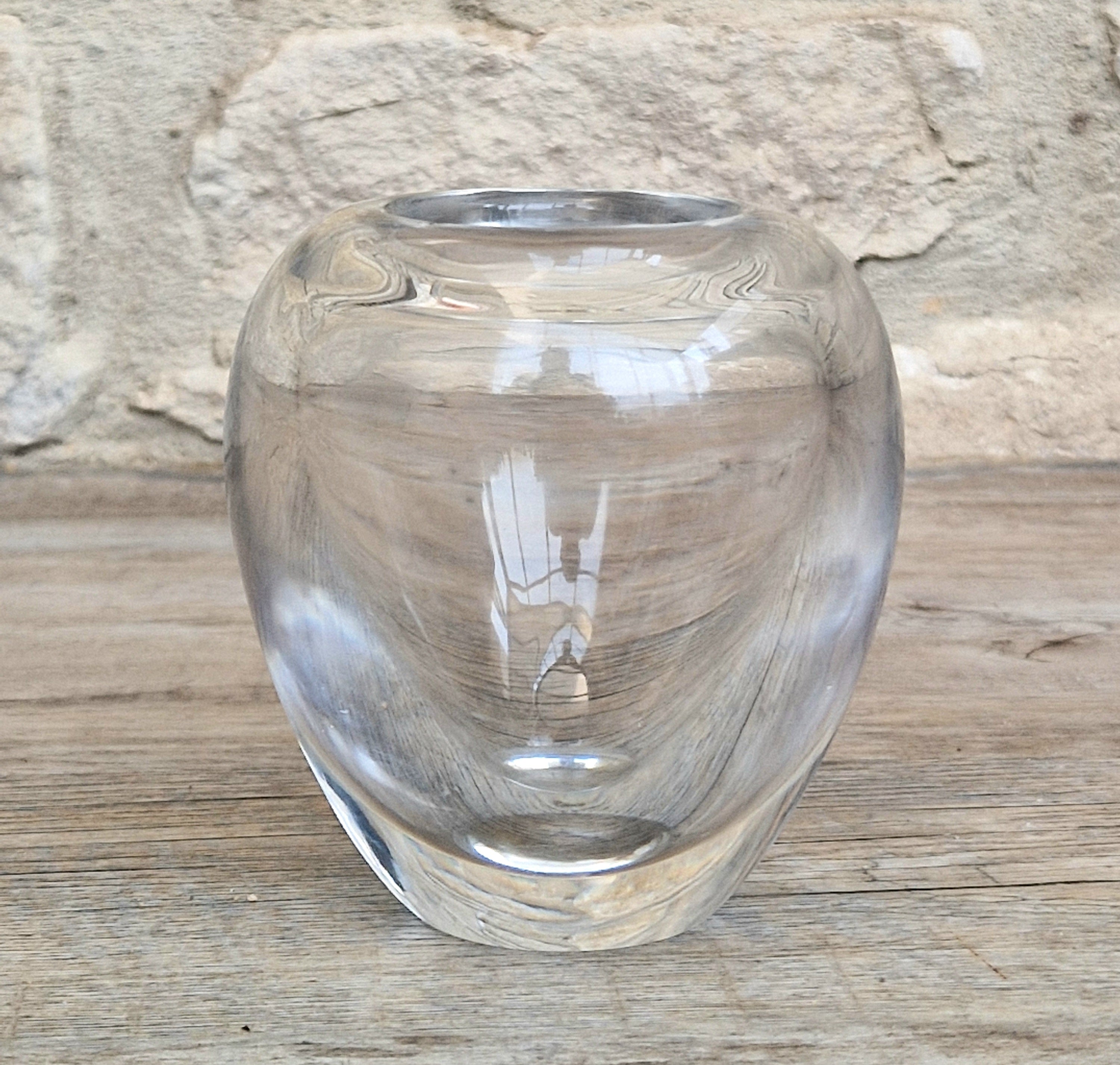 Heavy Mid-Century Clear Hand-Blown Art Glass Ovoid Vase With Polished Frosted Ring Base