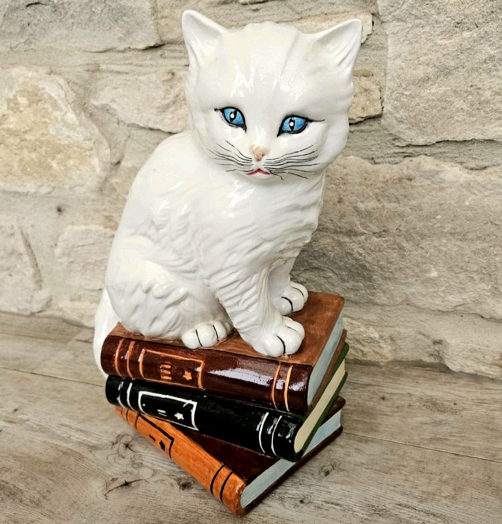 Vintage Italian White Cat Figurine Ornament Sitting on Books Ceramic Figure 11.5 lnch Tall