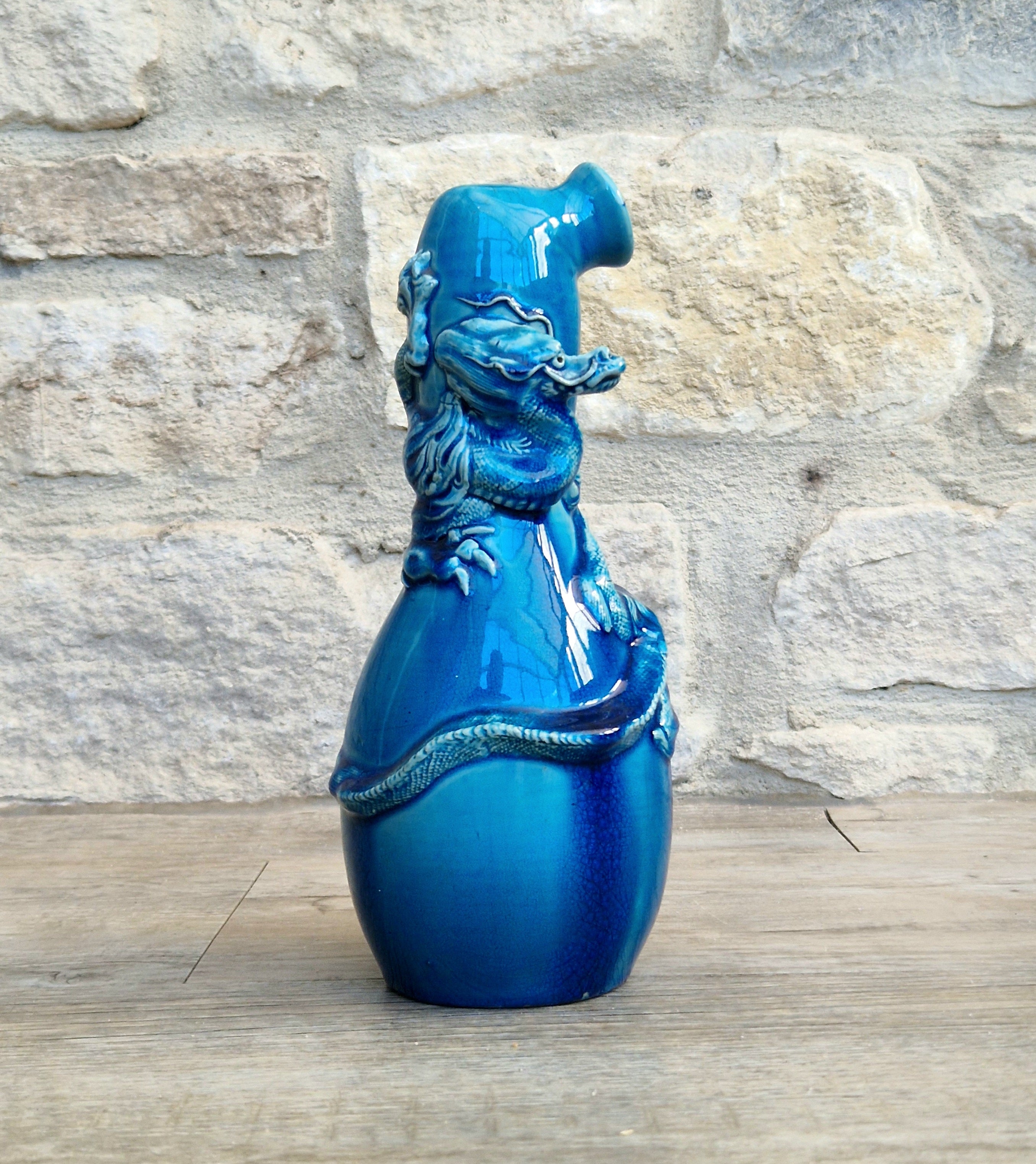 Antique Japanese Awaji Meiji Period Turquoise Pottery Dragon Bottle Vase