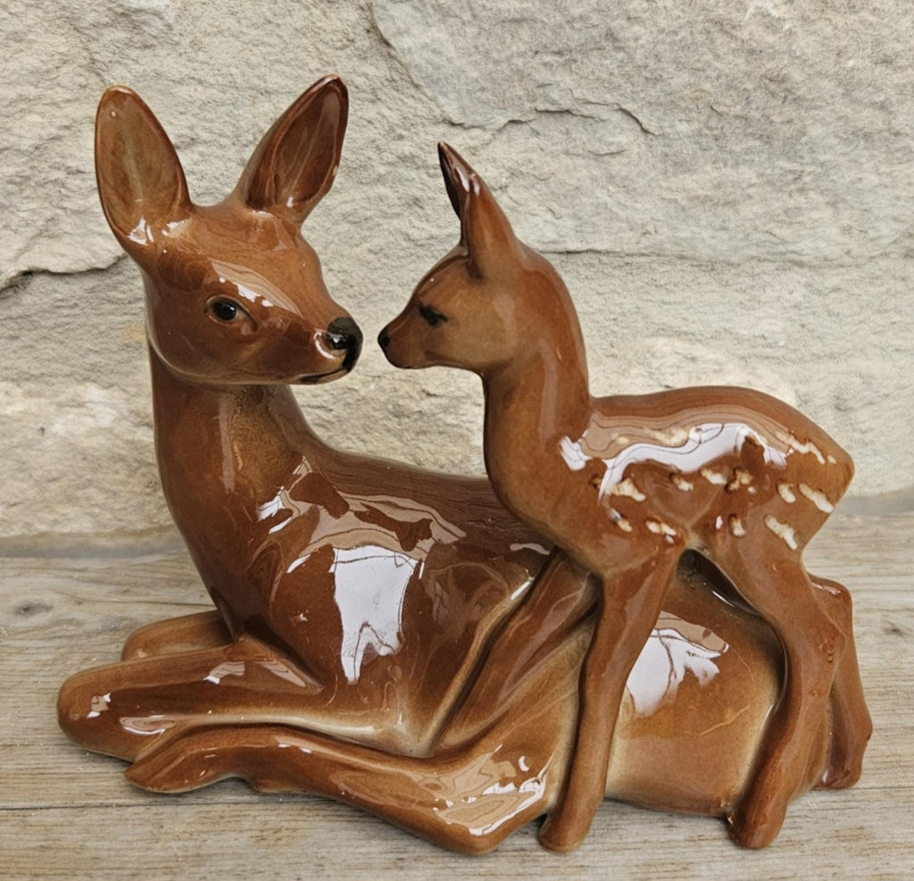 Bambi Doe and Fawn Porcelain Ornament Figurine Mid Century Deer Ornament Collectible Woodland Decor