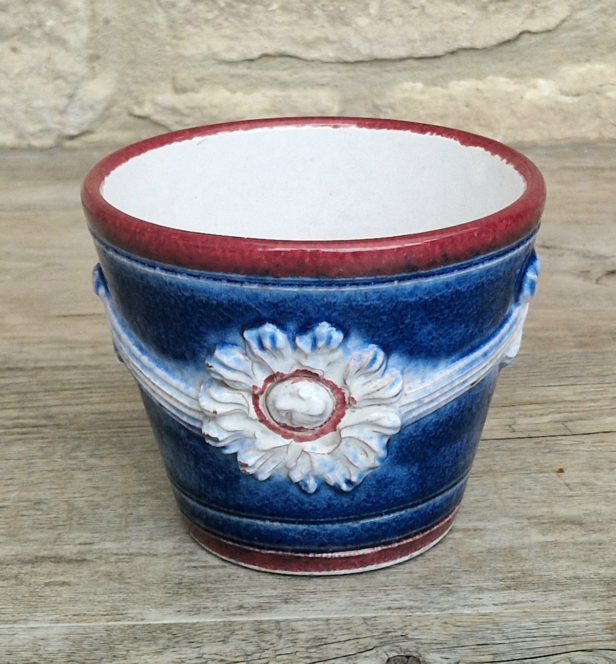 Italian Majolica Ceramic Blue & Red Floral Planter Vase Vintage