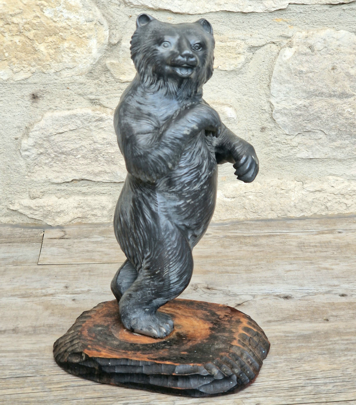 Cast Spelter Standing Bear Sculpture On Rustic Wood Base Rare Antique Art Deco