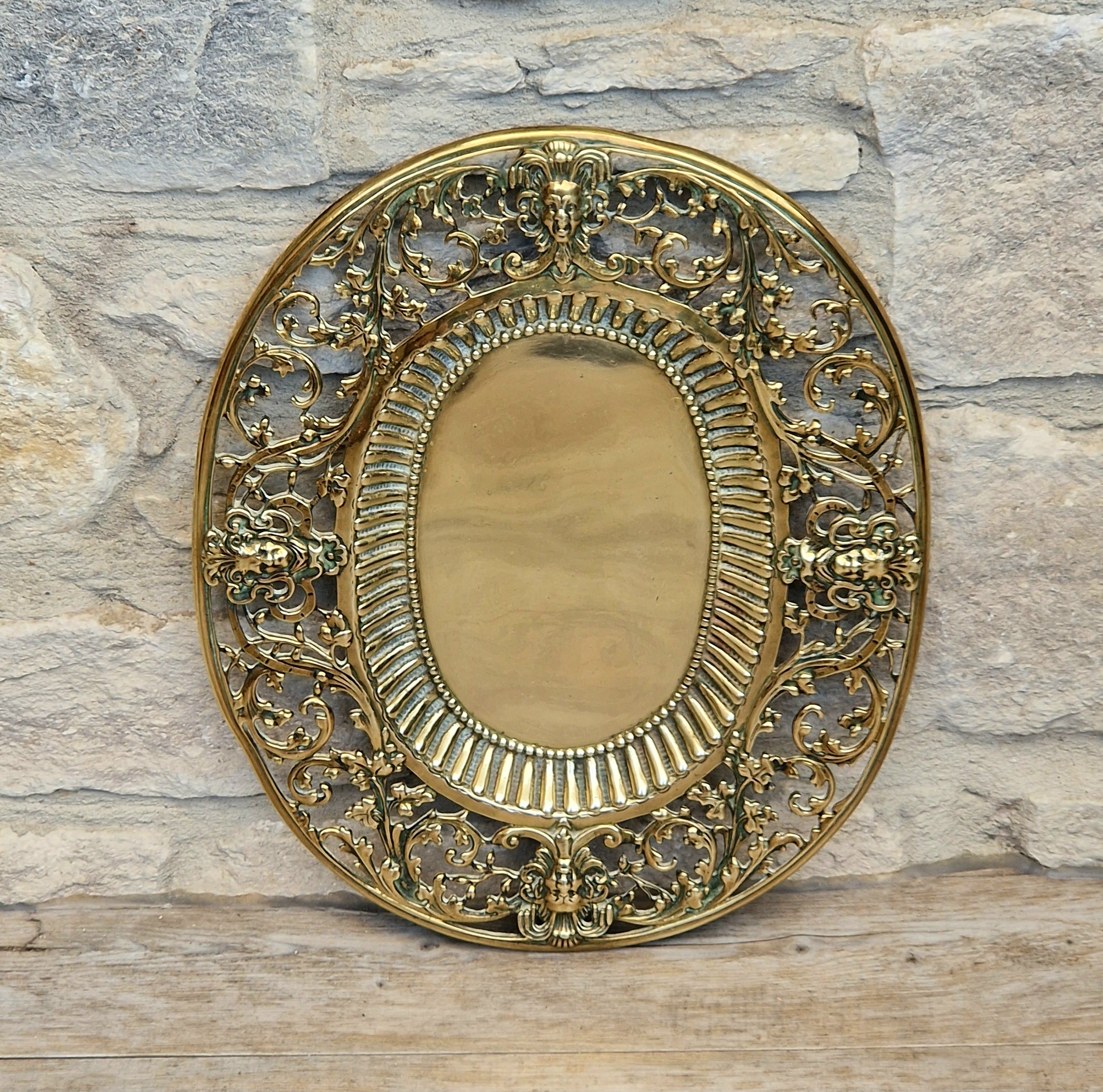 Antique 19thC Baroque Cast Brass Architectural Mount Appliqué Ornate Mascaron Filigree Vanity Card Tray Plate Hand-Tooled Pattern 1018