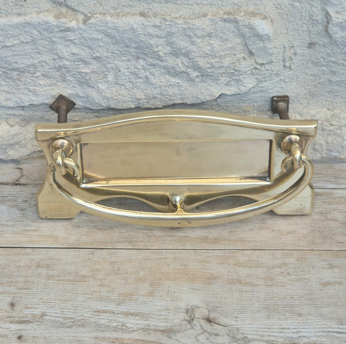 Art Deco Antique Brass Letterbox Plate Door Knocker Original Bolts 18cm