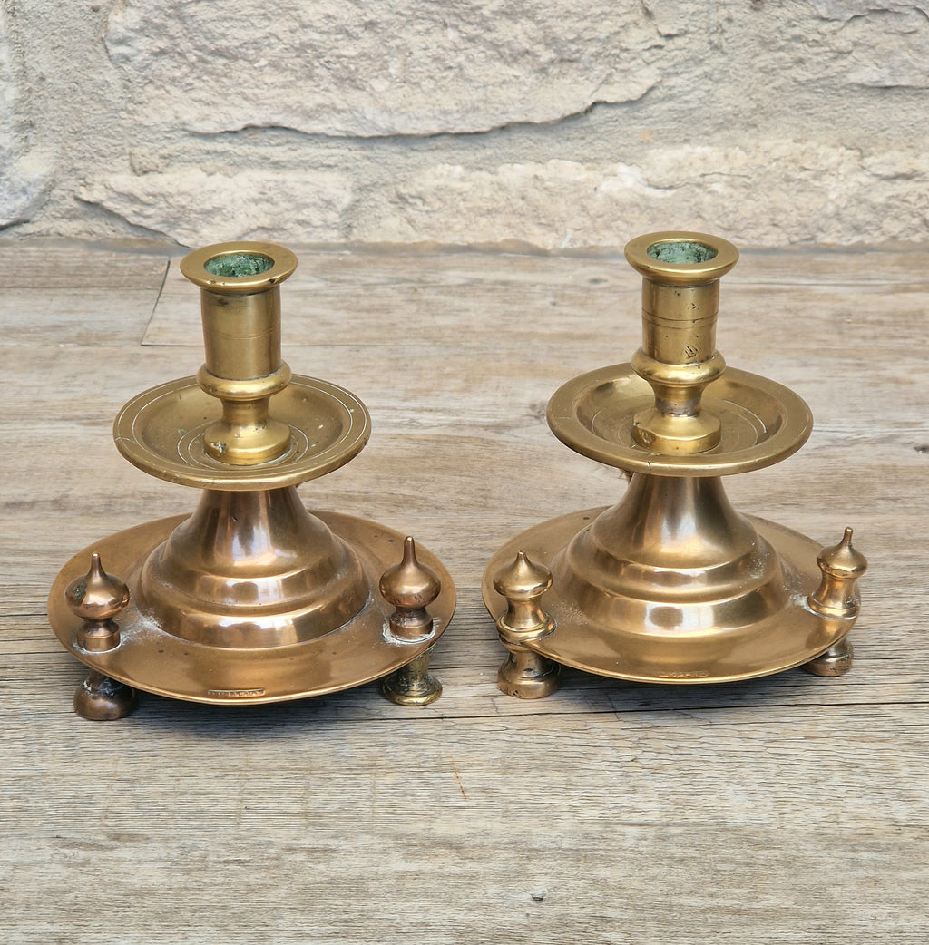Pair of 19th Century Judin Signed Czarist Era Russian Bronzed Sabbath Bun Footed Capstan Candle Holders.