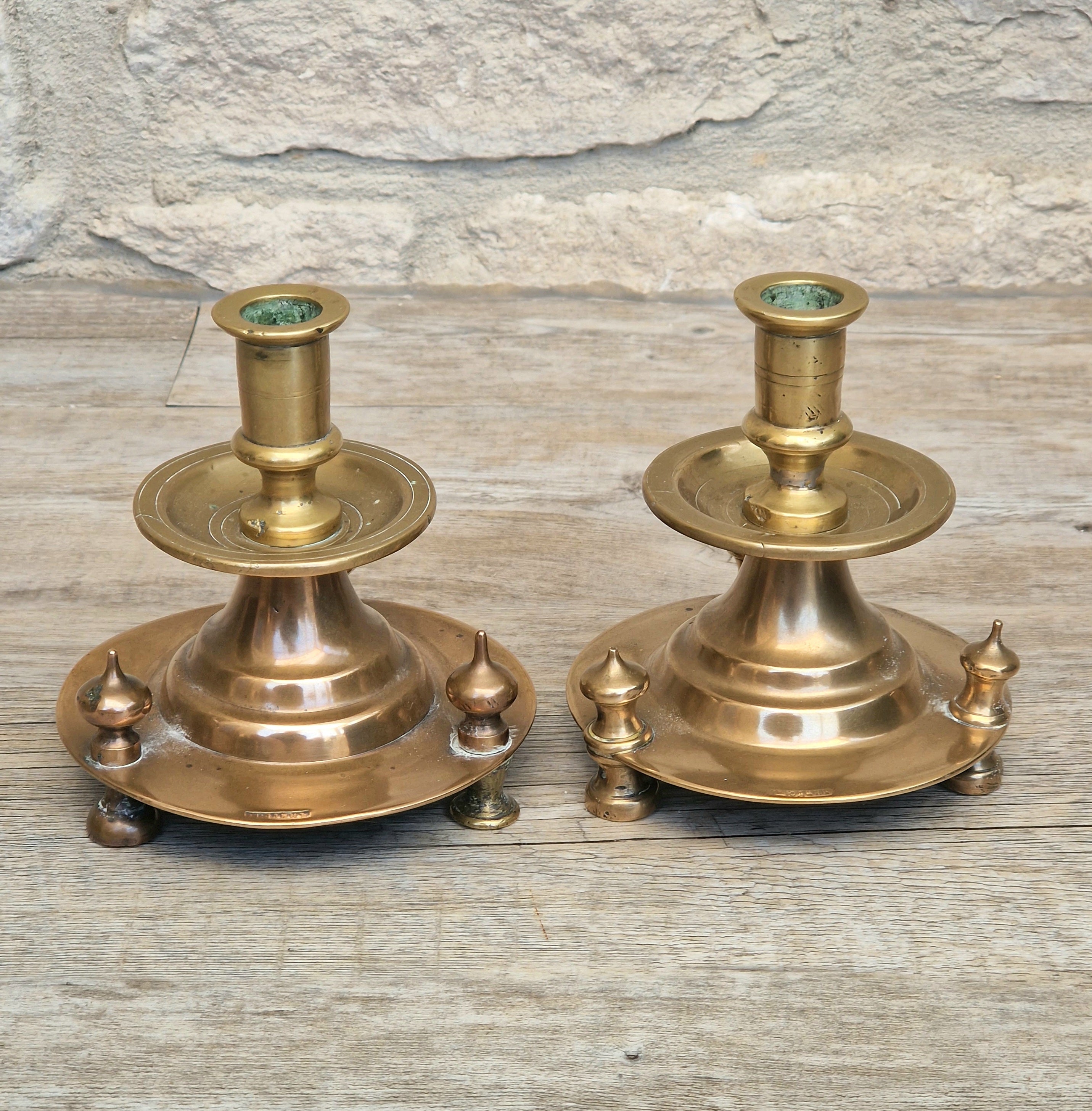 Pair of 19th Century Judin Signed Czarist Era Russian Bronzed Sabbath Bun Footed Capstan Candle Holders.