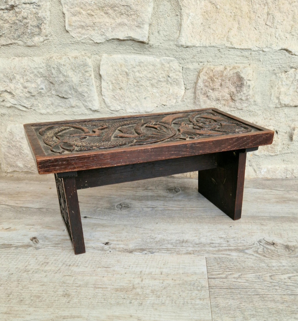 Antique Oak Dragon Foot Stool Carved Celtic Design, Rustic Foldable Furniture