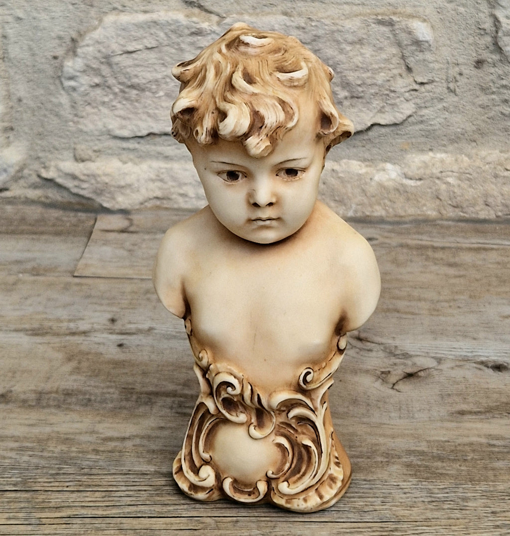 Antique NeoClassical Continental Patinated Bisque Porcelain Putti Boy Bust Figure Ornament