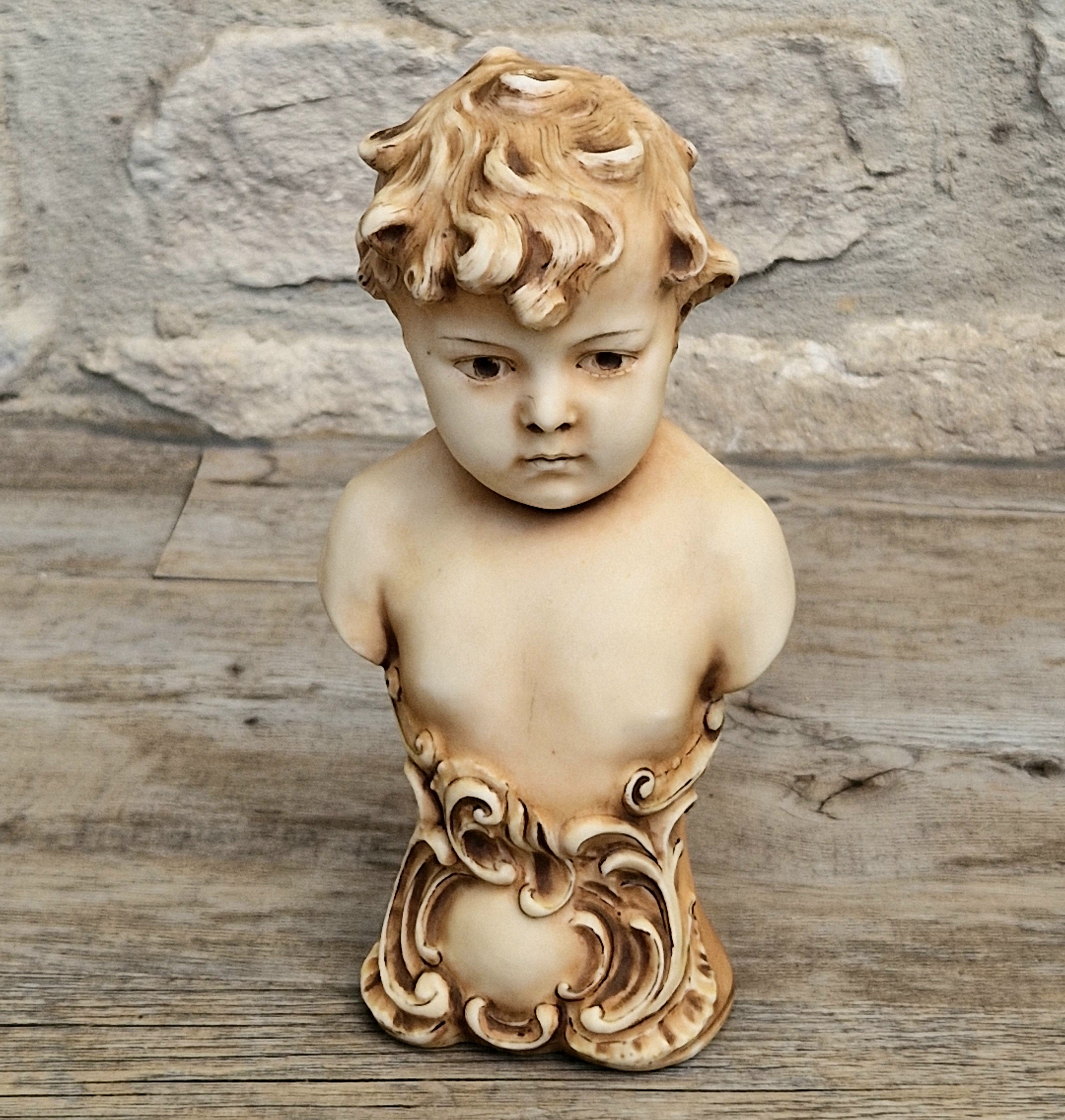 Antique NeoClassical Continental Patinated Bisque Porcelain Putti Boy Bust Figure Ornament