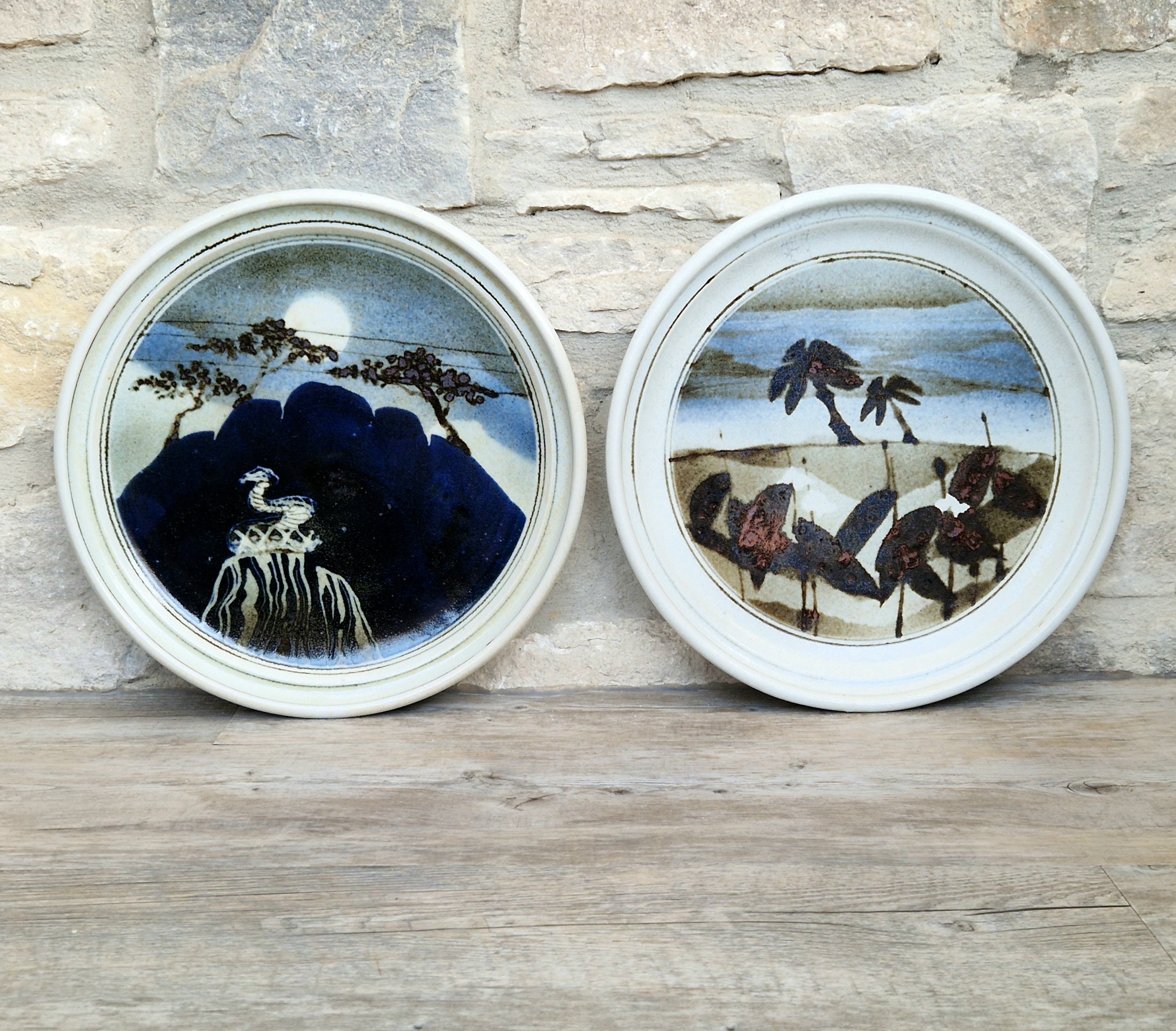 Ian Pirie Studio Pottery Diptych Wall Plaques Night & Day Vintage Scottish Ceramic Landscape Chargers