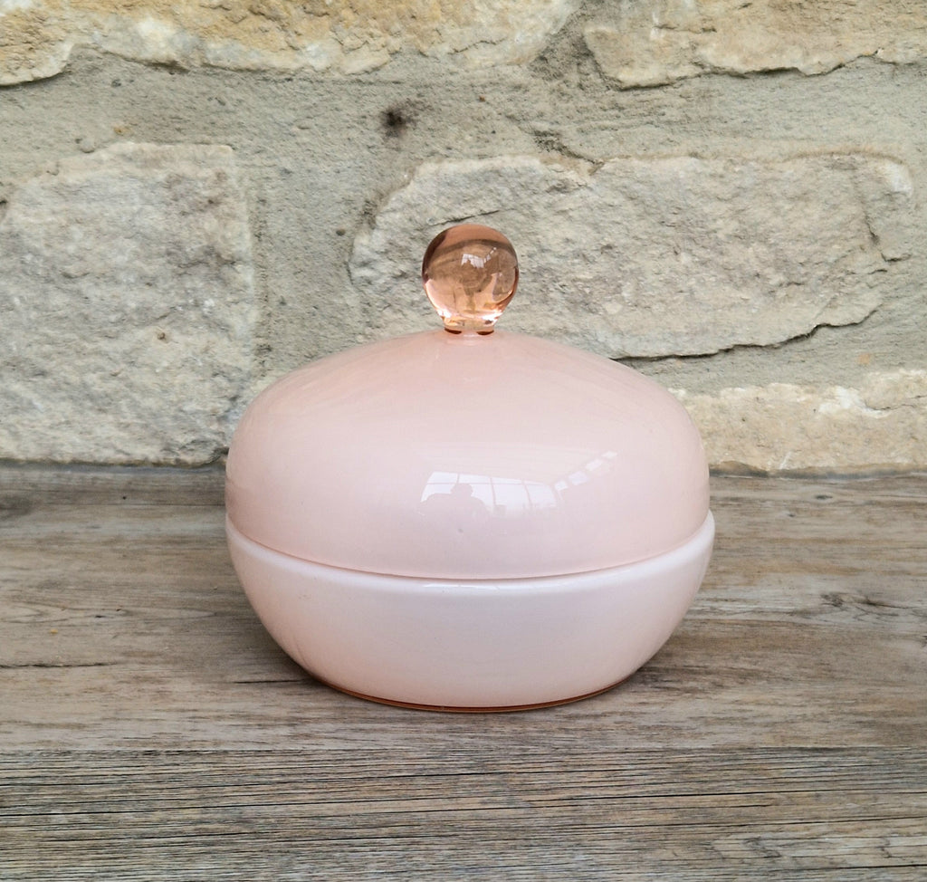 Vintage Large Opaline Pink Glass Lidded Powder Box Trinket Dish Art Deco Decor