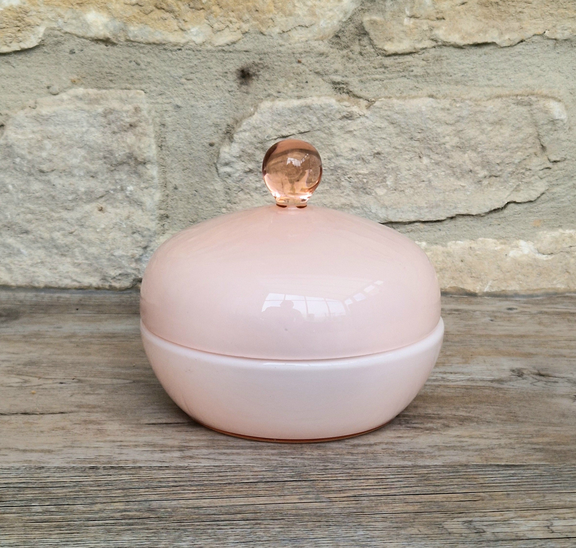 Vintage Large Opaline Pink Glass Lidded Powder Box Trinket Dish Art Deco Decor