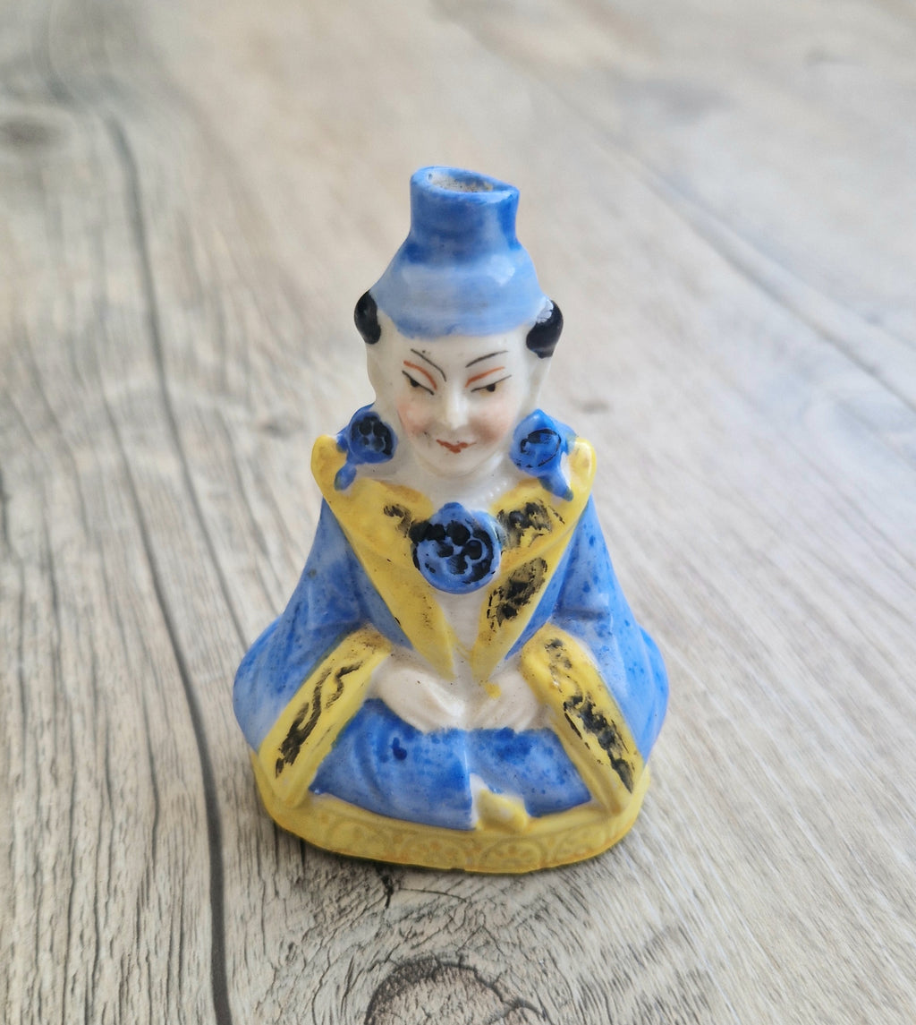 Antique Sitzendorf Ceramic Seated Figure Perfume Bottle - Missing Crown Top