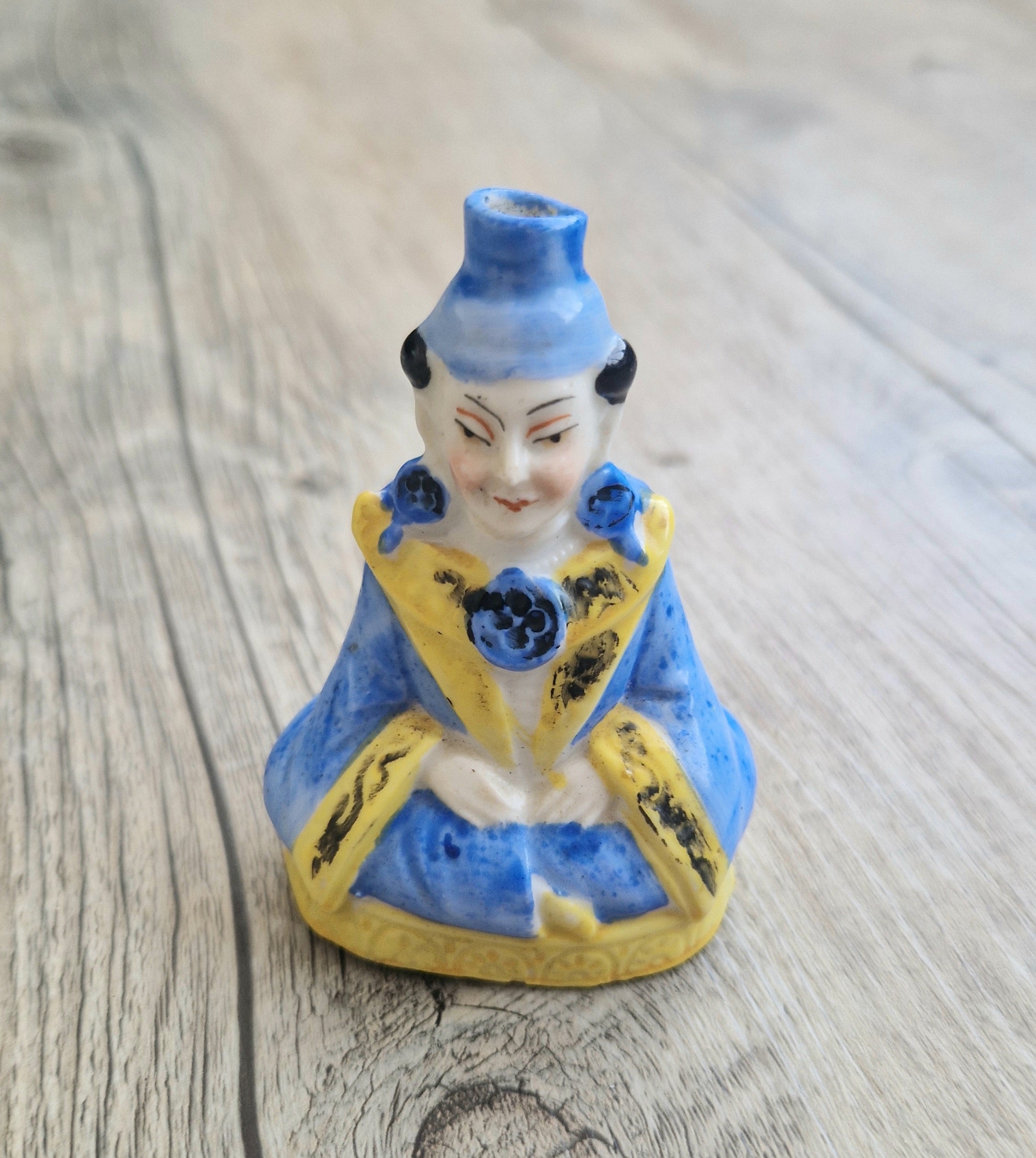 Antique Sitzendorf Ceramic Seated Figure Perfume Bottle - Missing Crown Top